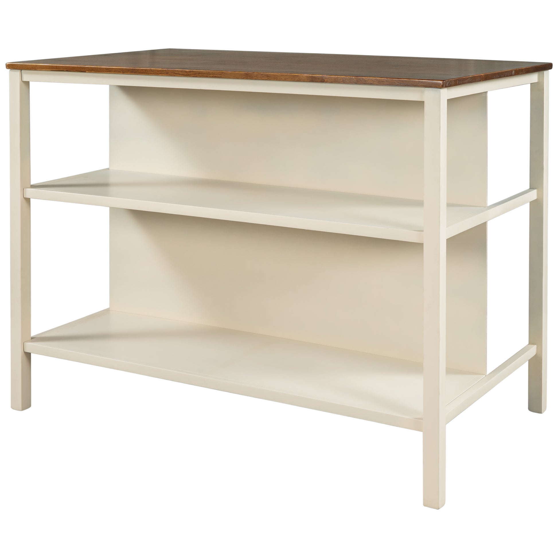 Cream and brown wood kitchen island with open shelving