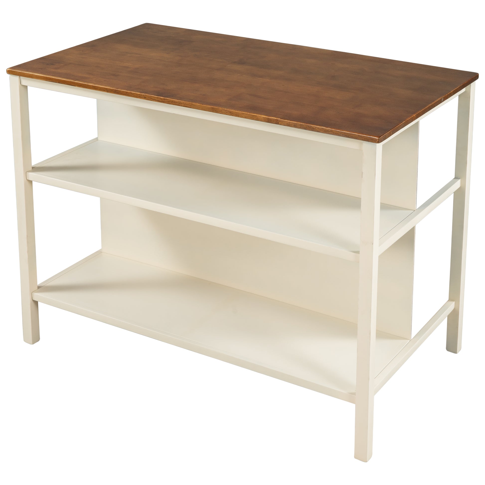 Farmhouse kitchen island with creamcolored base and rich walnut wood countertop