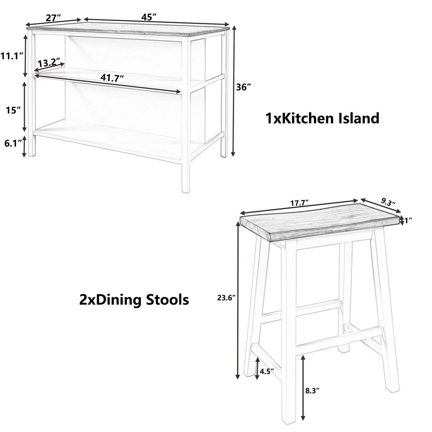 inch white kitchen island with two open shelves inch height