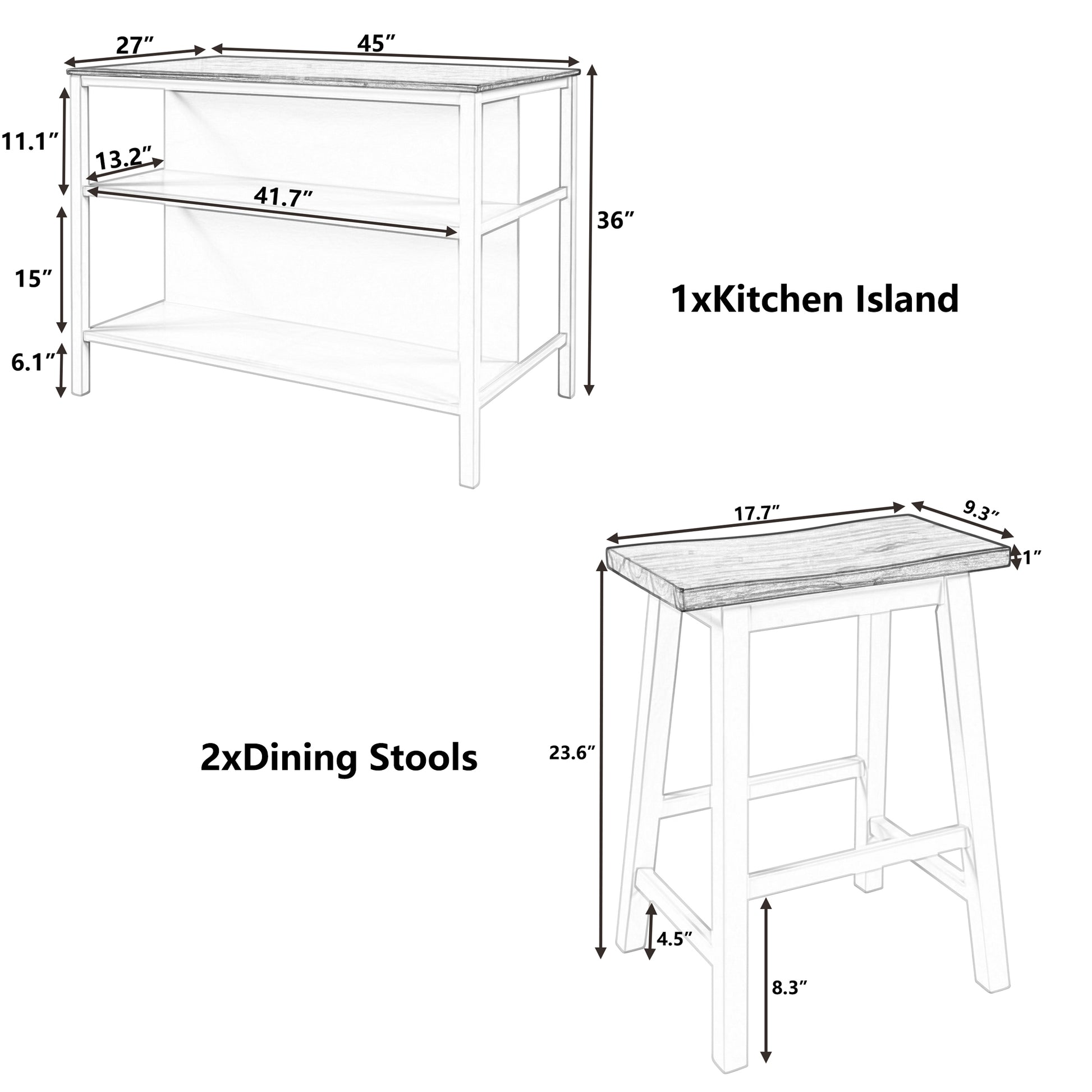 inch white kitchen island with two open shelves inch height