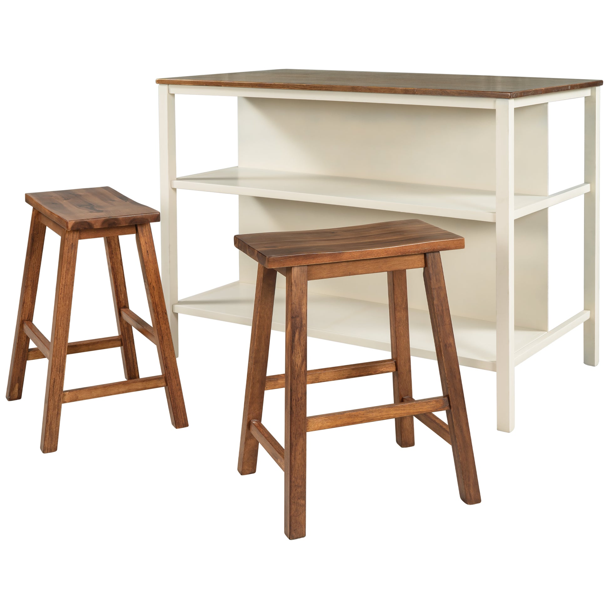 Rustic wood and cream kitchen island set with two stools