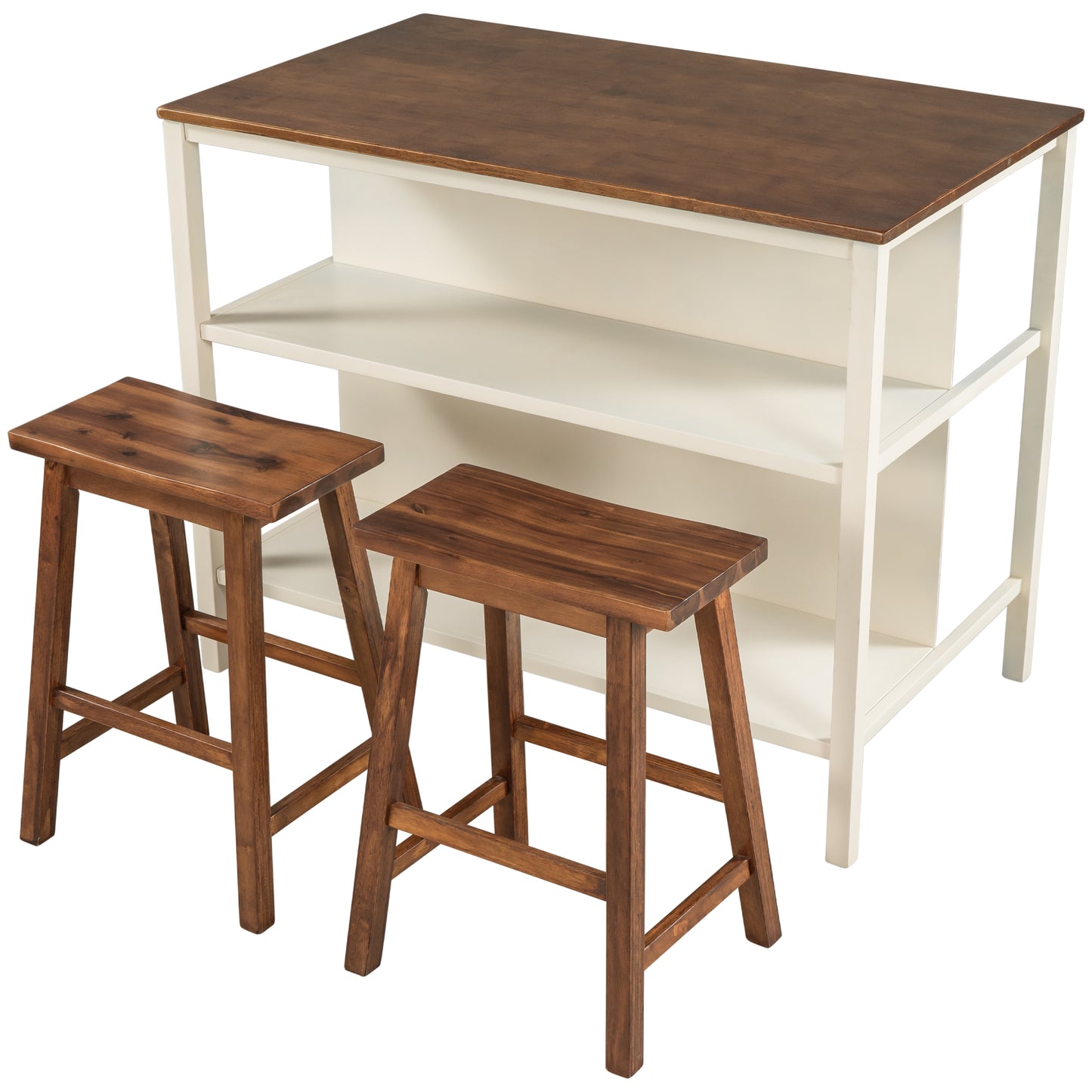 Rustic kitchen island with two wooden stools