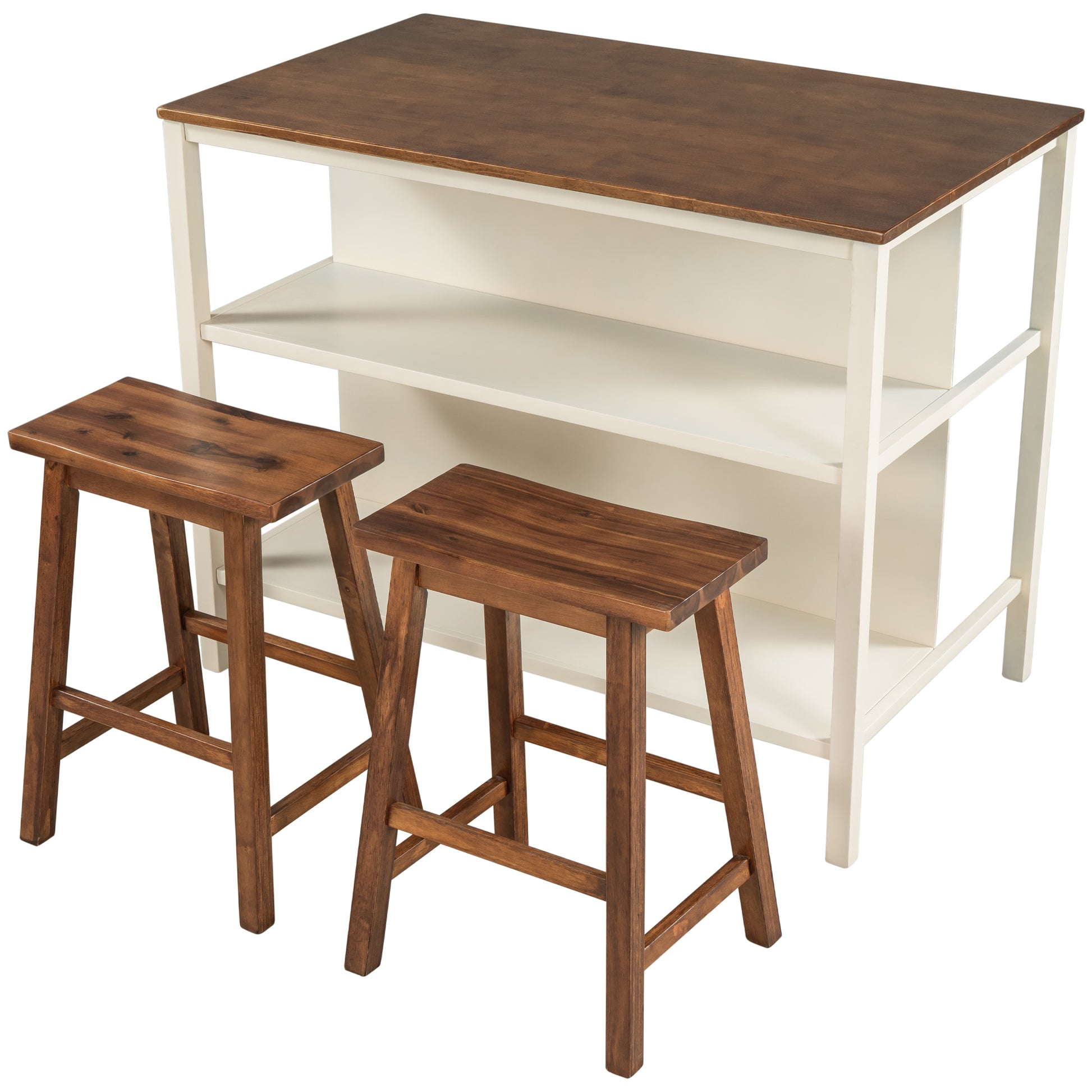 Rustic kitchen island with two wooden stools