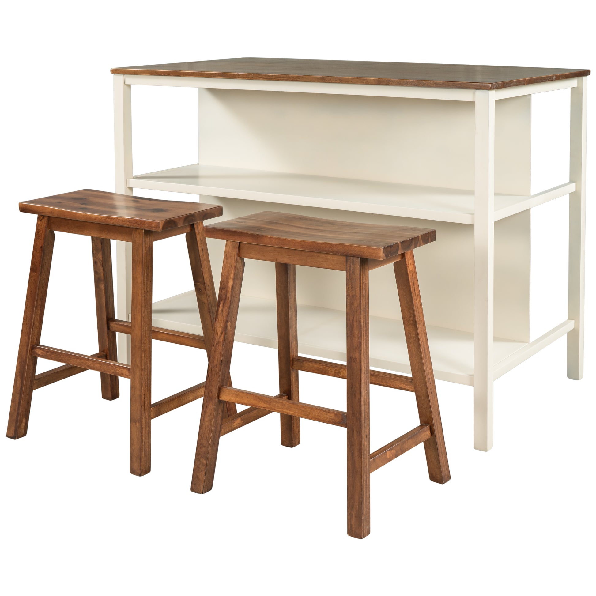 Two wooden bar stools in front of a cream and wood kitchen island
