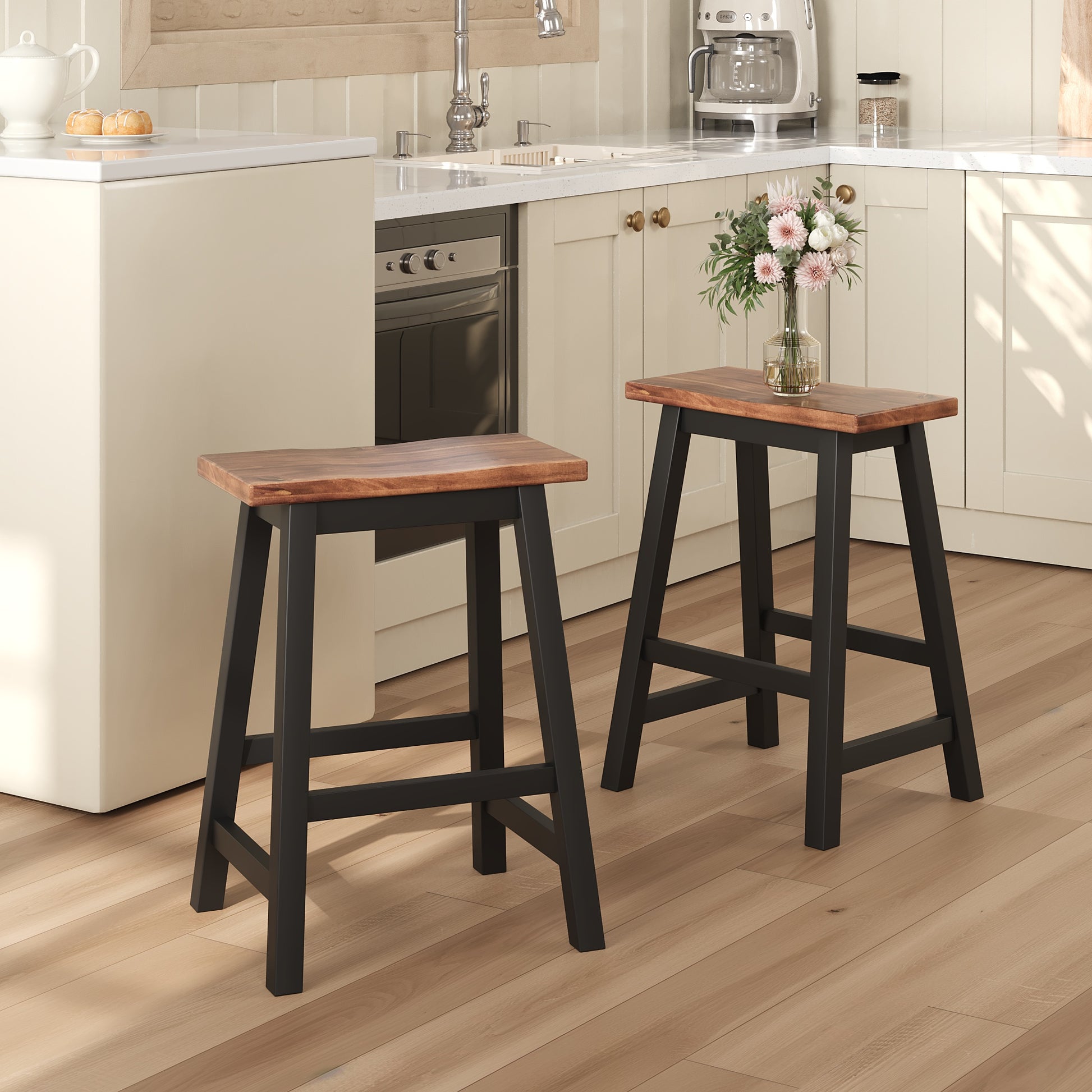 Two modern wooden counter stools with black metal legs ideal for kitchen islands