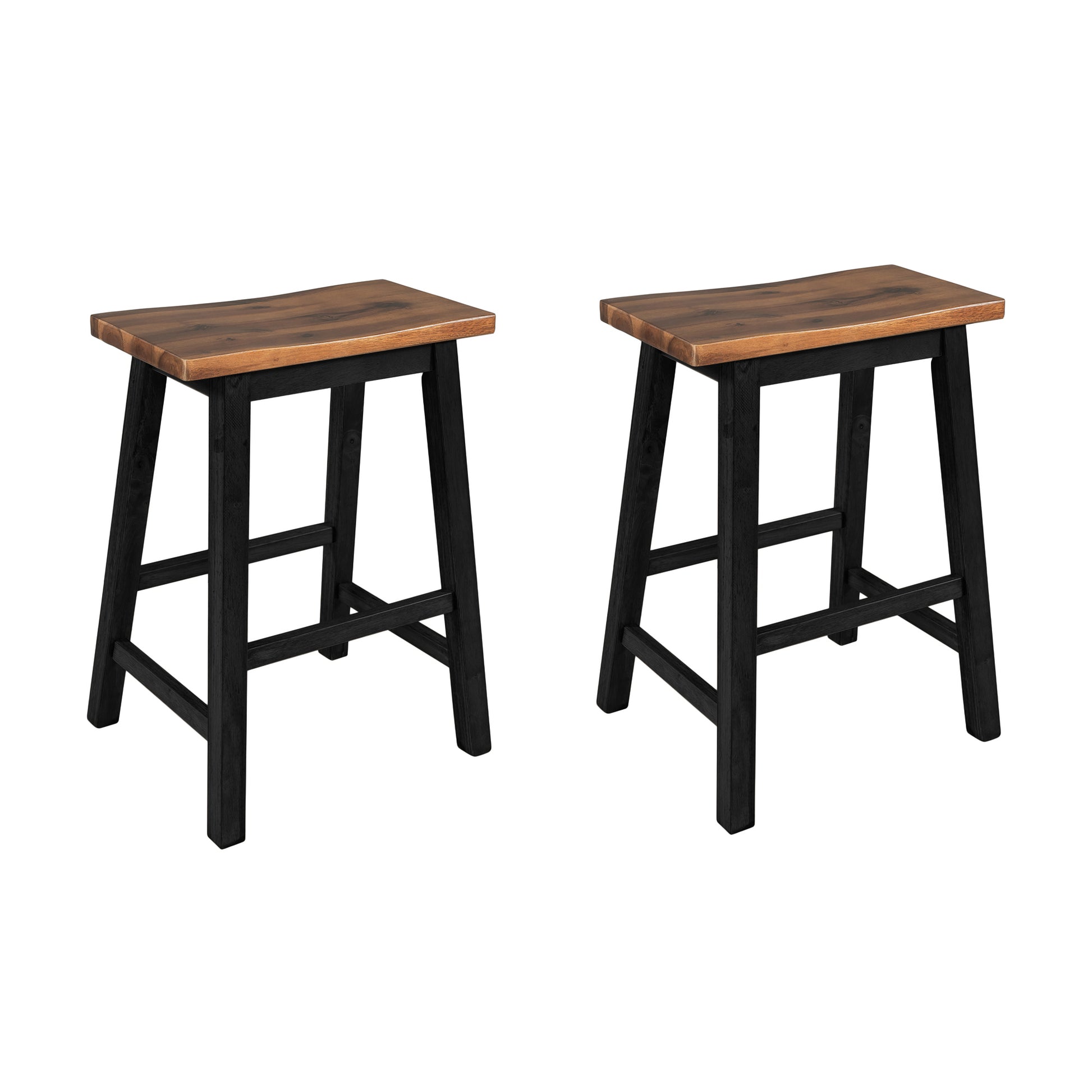 Set of two rustic wooden bar stools with curved seats and black legs