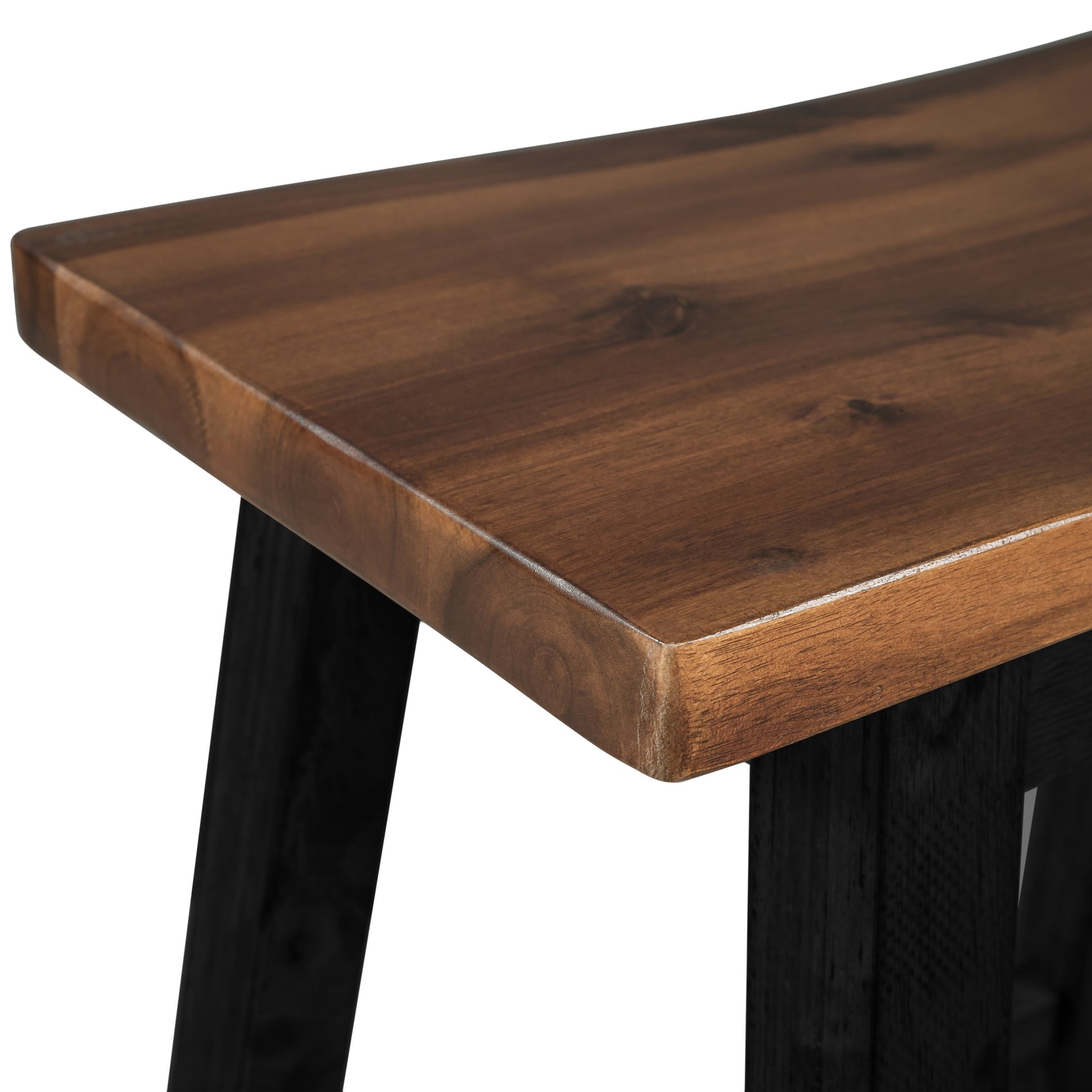 Closeup of rich dark wood bar stool seat with textured black legs