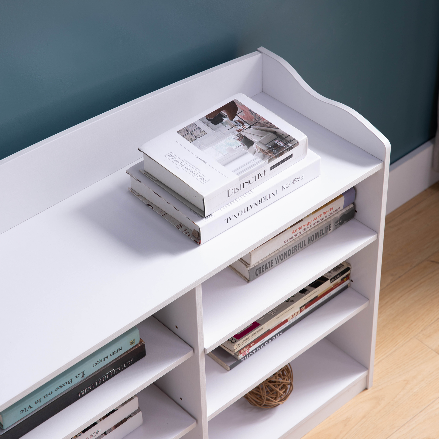 White MDF entryway shoe bench with open shelving