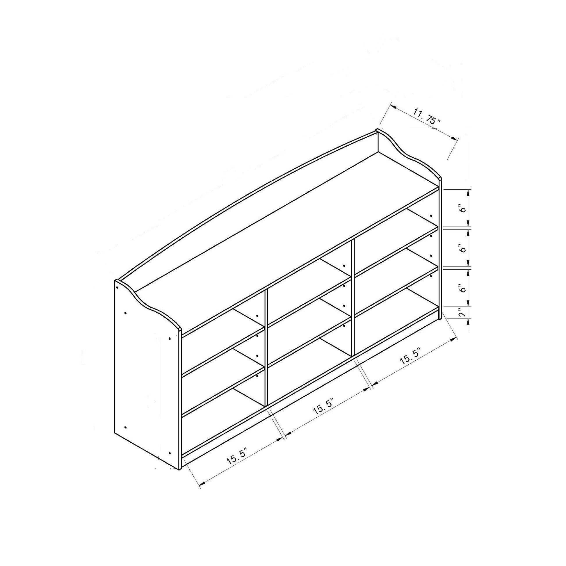 White toy organizer with  cubbies and curved top