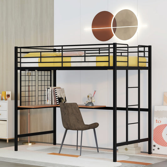 TREATLIFE HOME Twin Metal Loft Bed with Integrated Desk and Safety Guardrails, Sturdy Metal Grid Design, Black