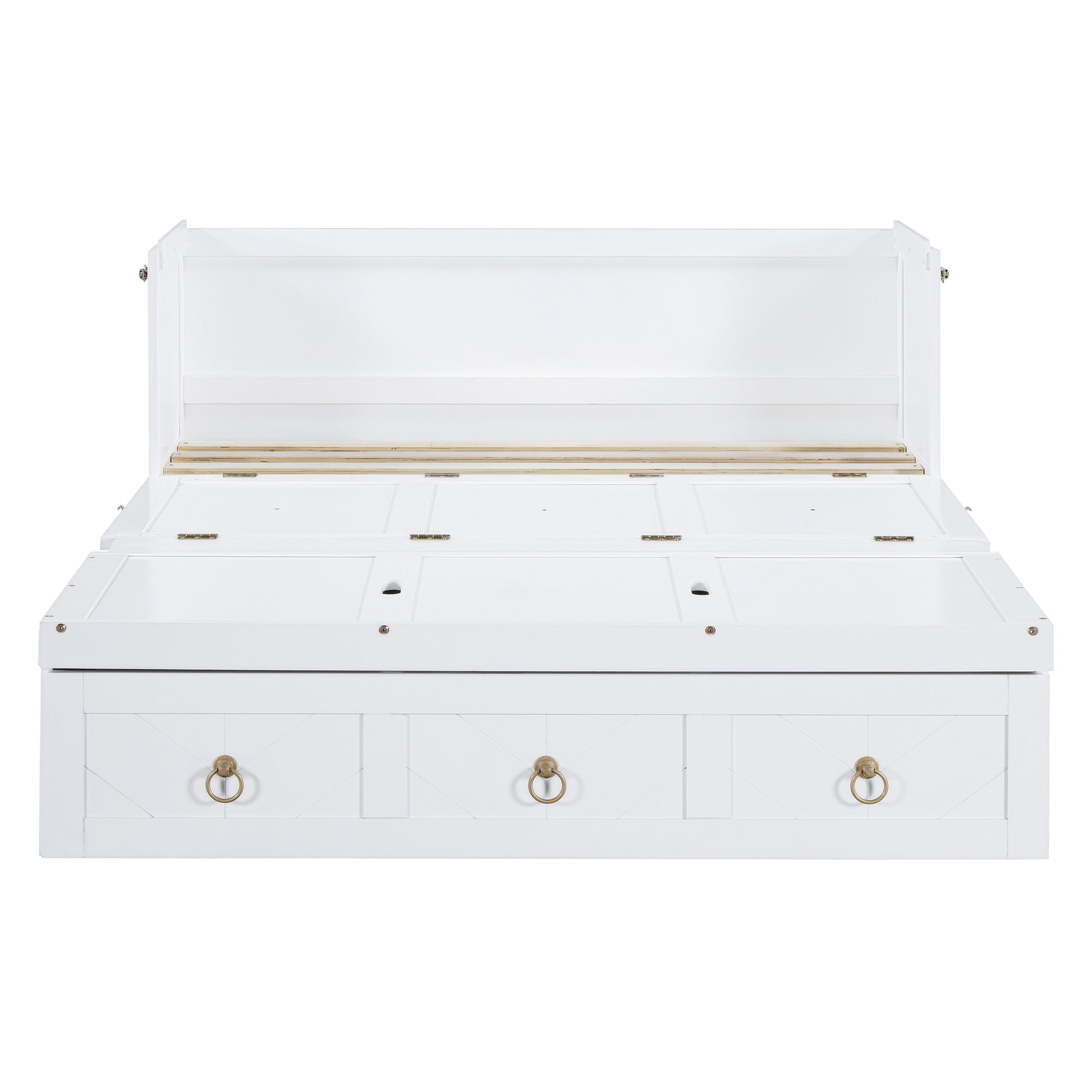 White wooden storage bed frame with three drawers and lifttop storage compartments