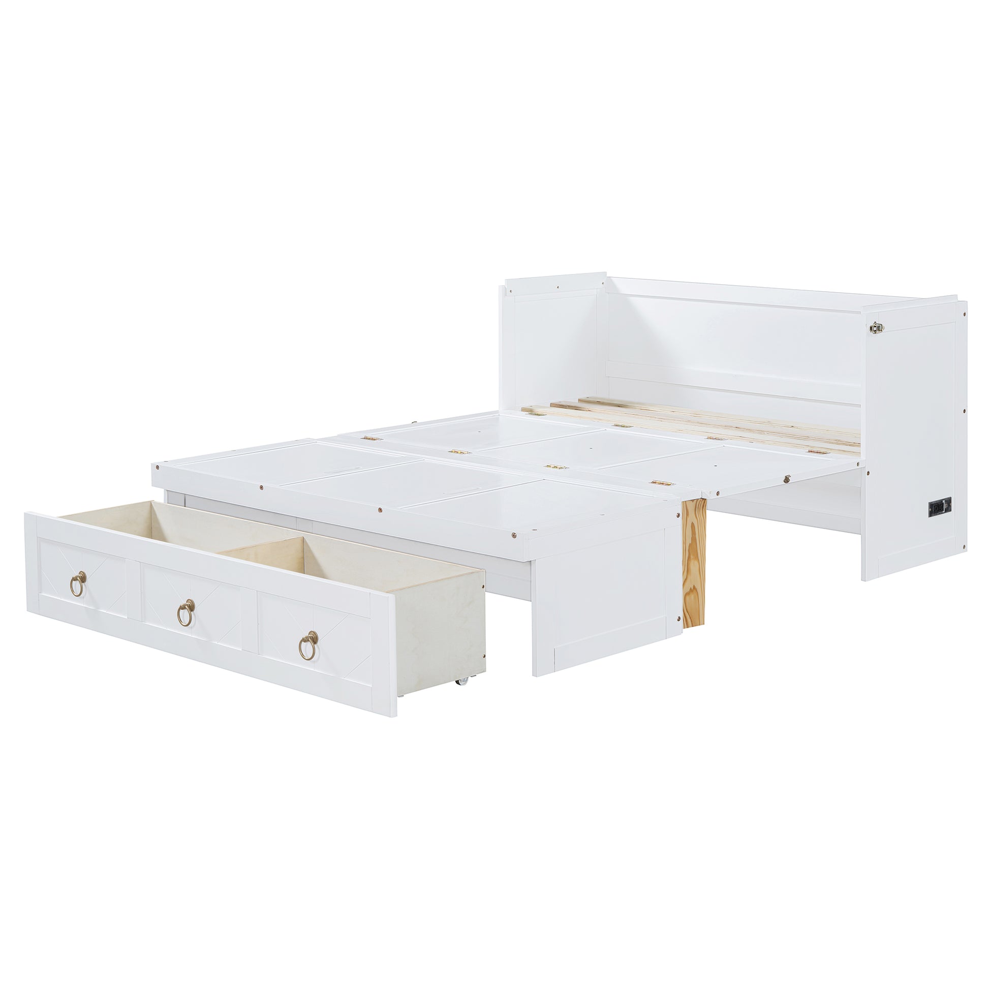 White twin daybed with three drawers pulled out