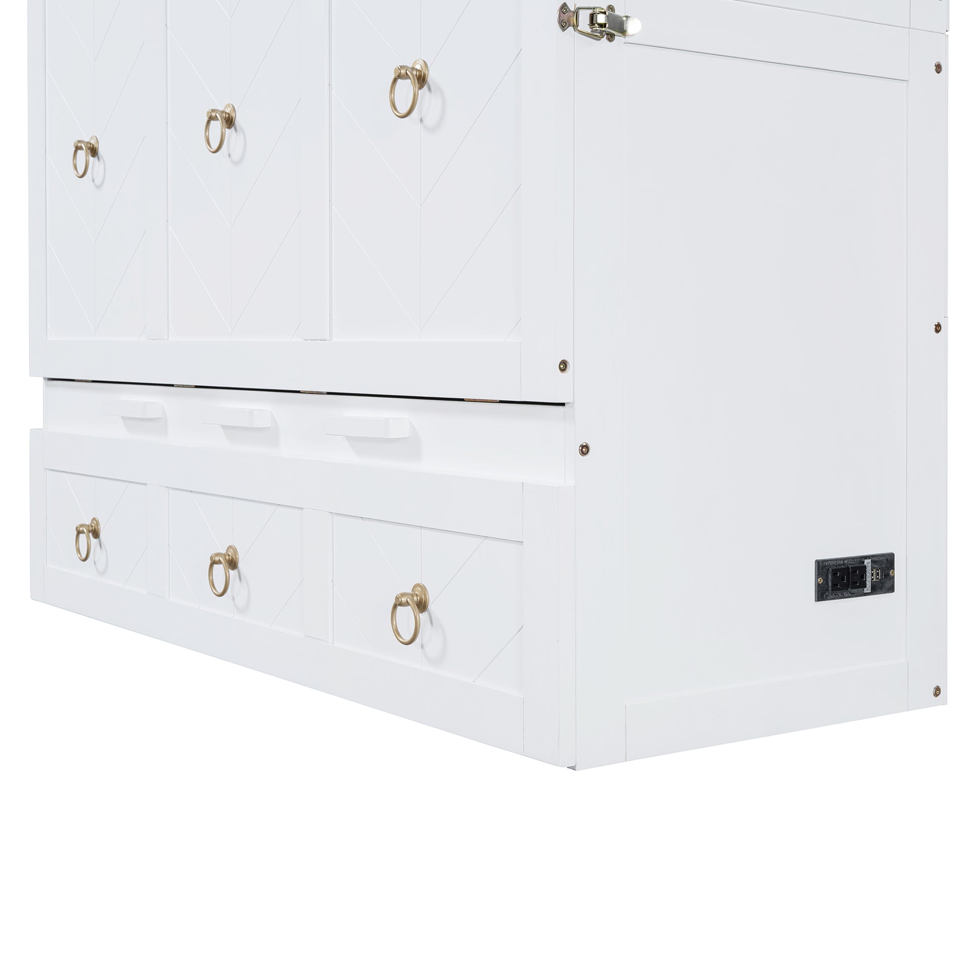 White dresser with chevron patterned doors and brass ring pulls