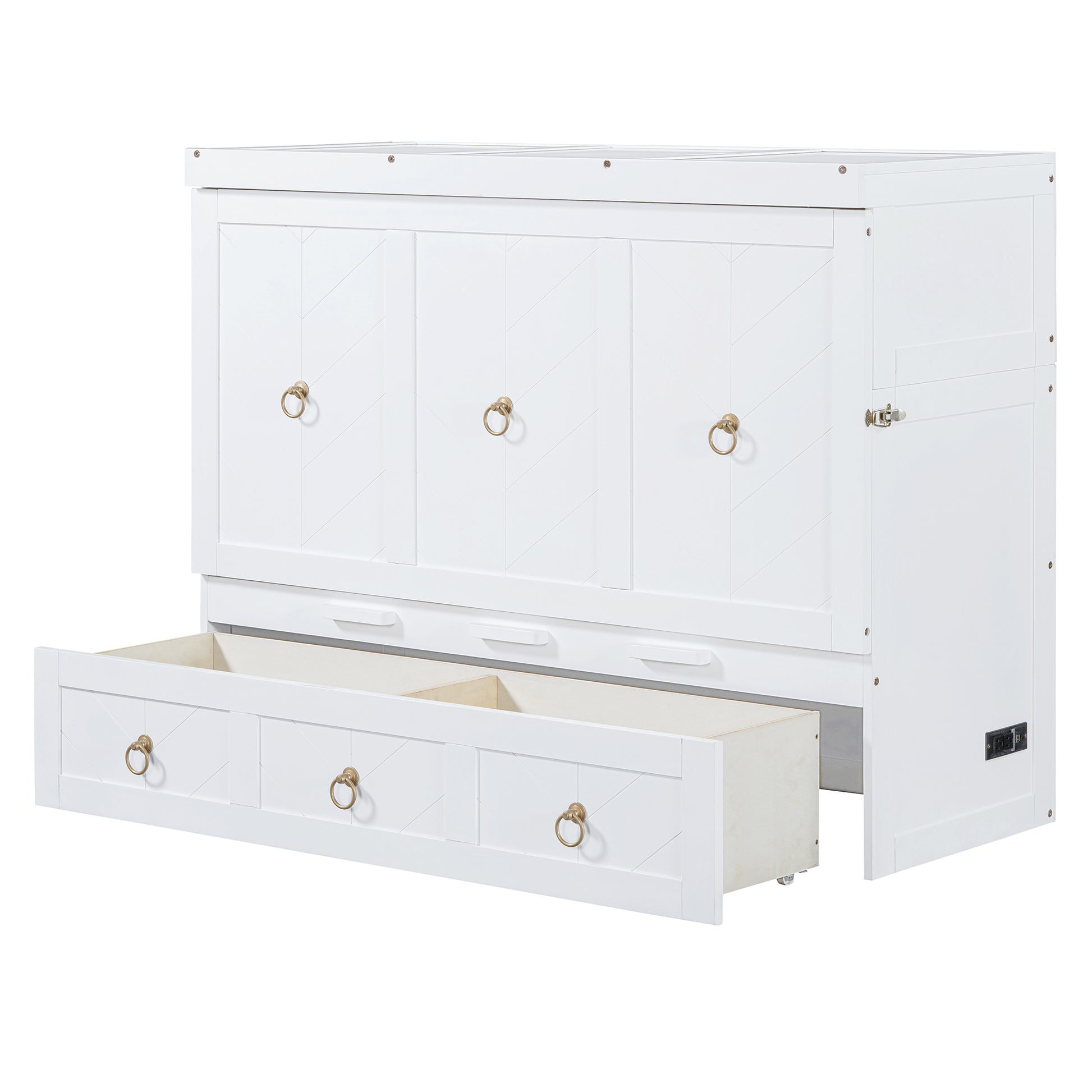 White Murphy bed with pullout drawers and gold ring hardware