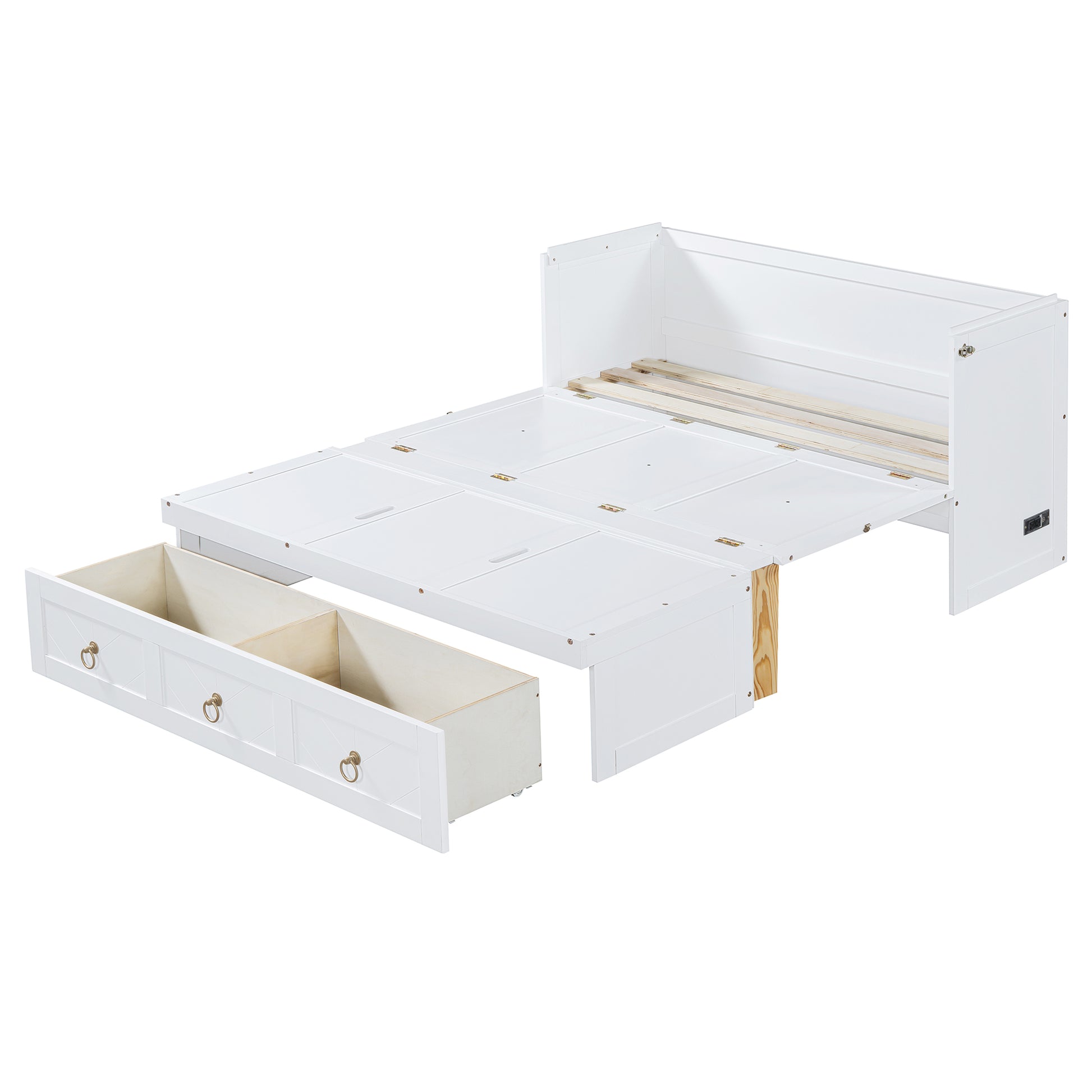 White wooden twin bed frame with three pullout storage drawers and slatted base