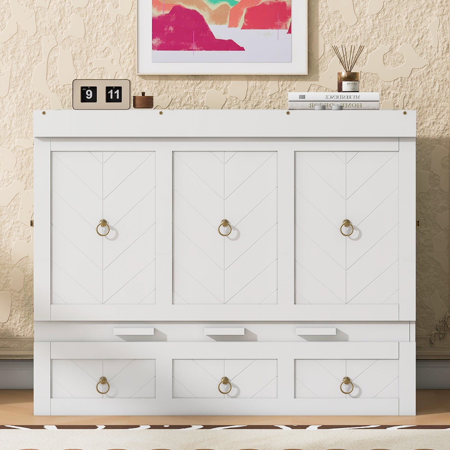 White chevron panel headboard with six drawers