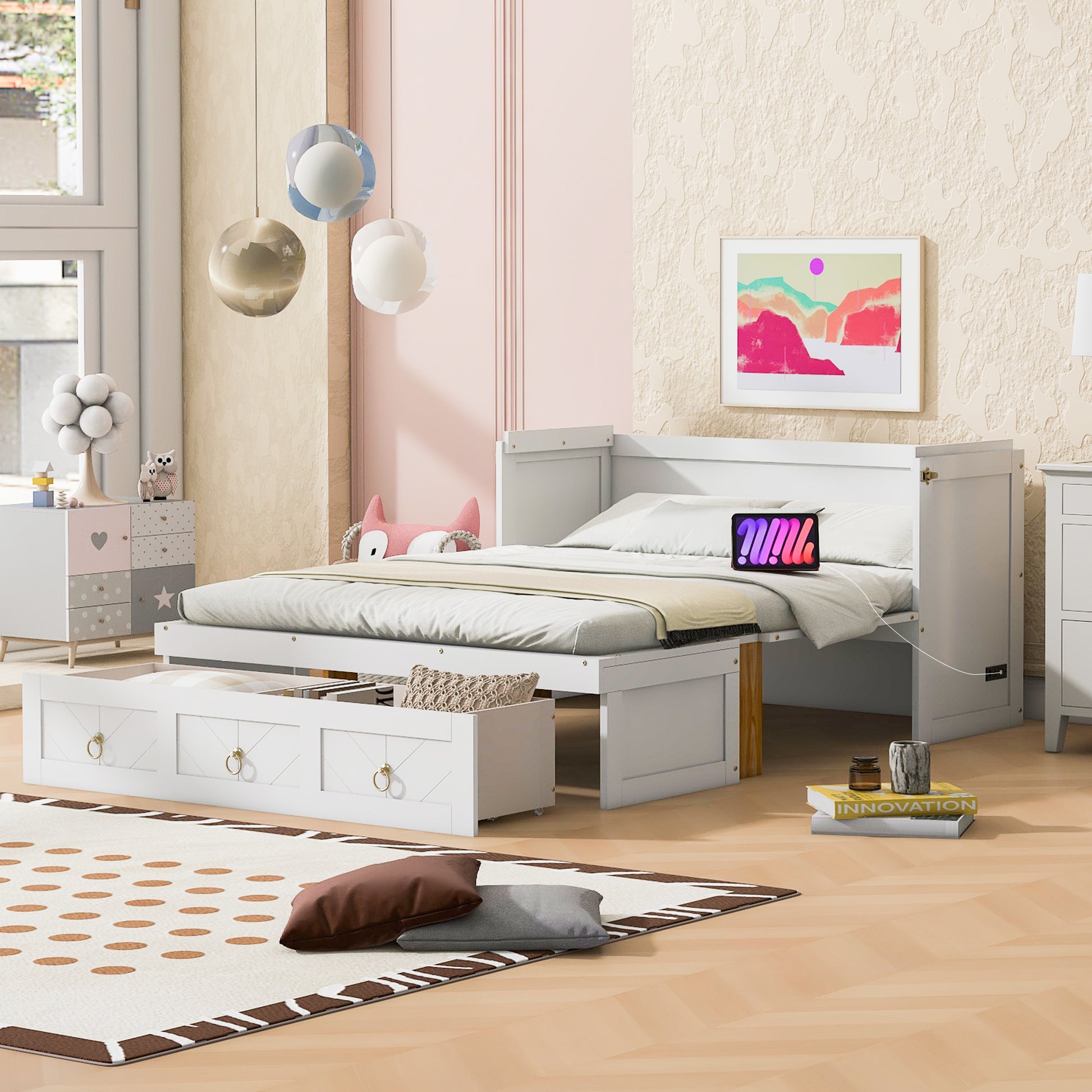 White twin bed with pullout trundle and storage drawers for kids room