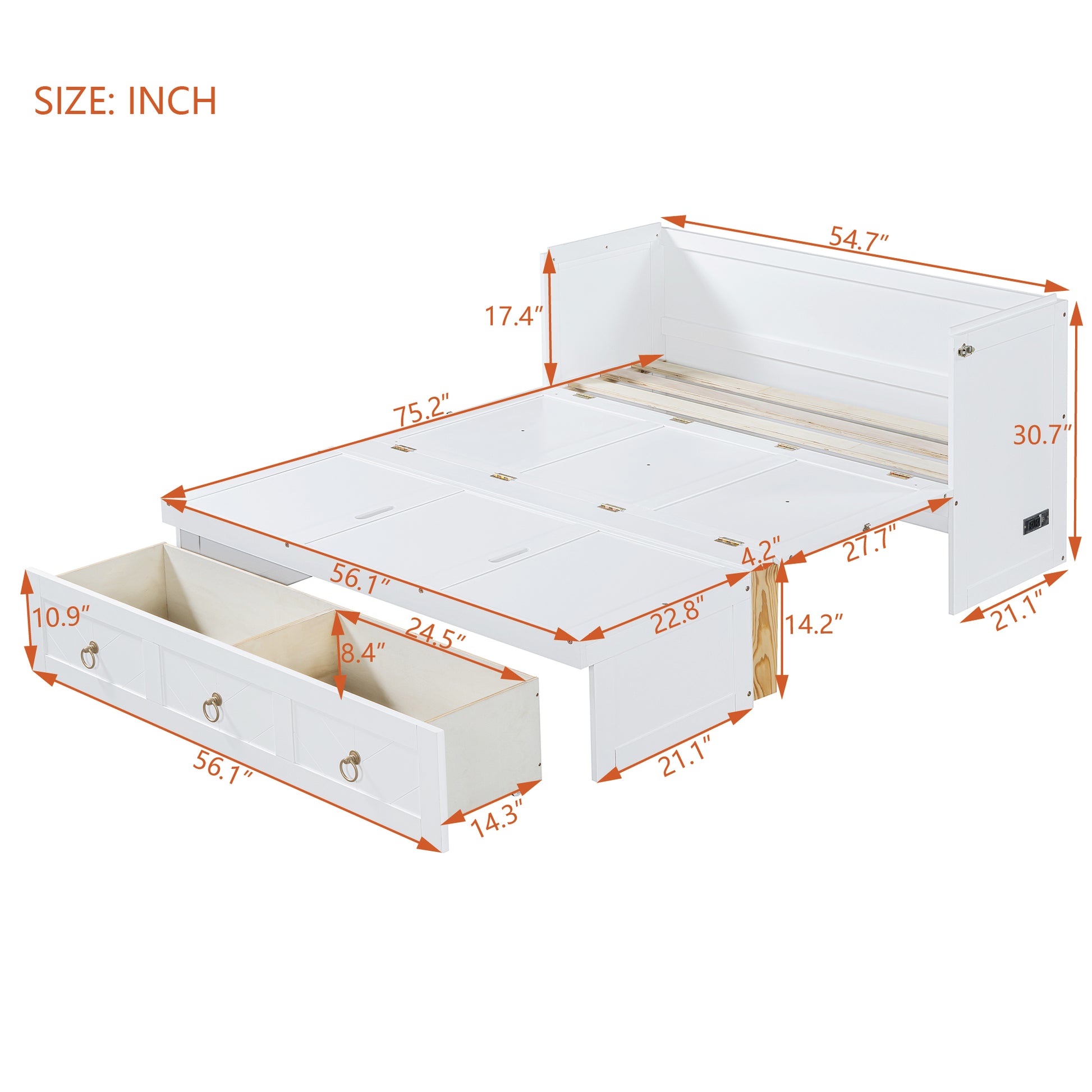 White daybed with drawers dimensions shown