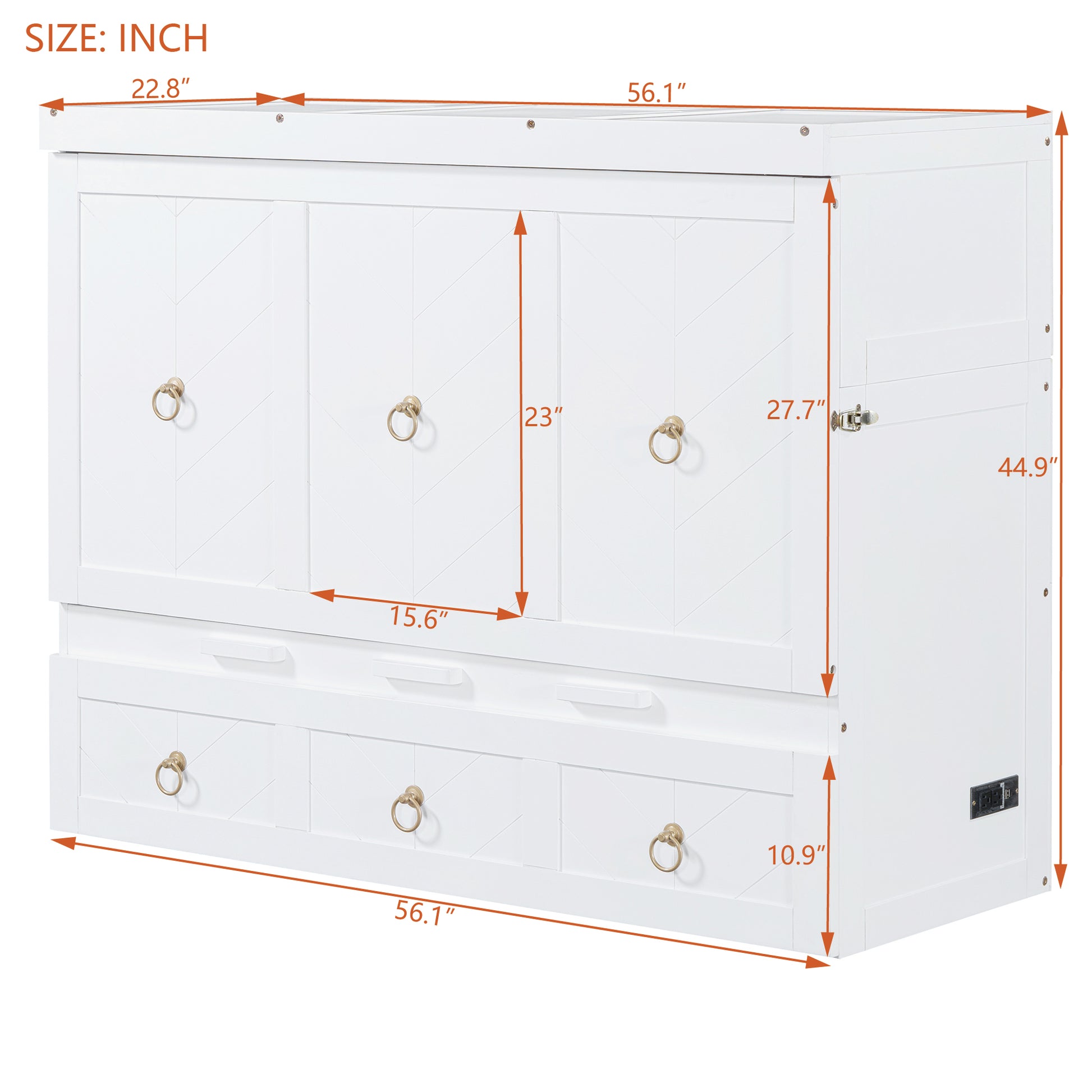 White dresser with gold ring pulls and paneled drawers