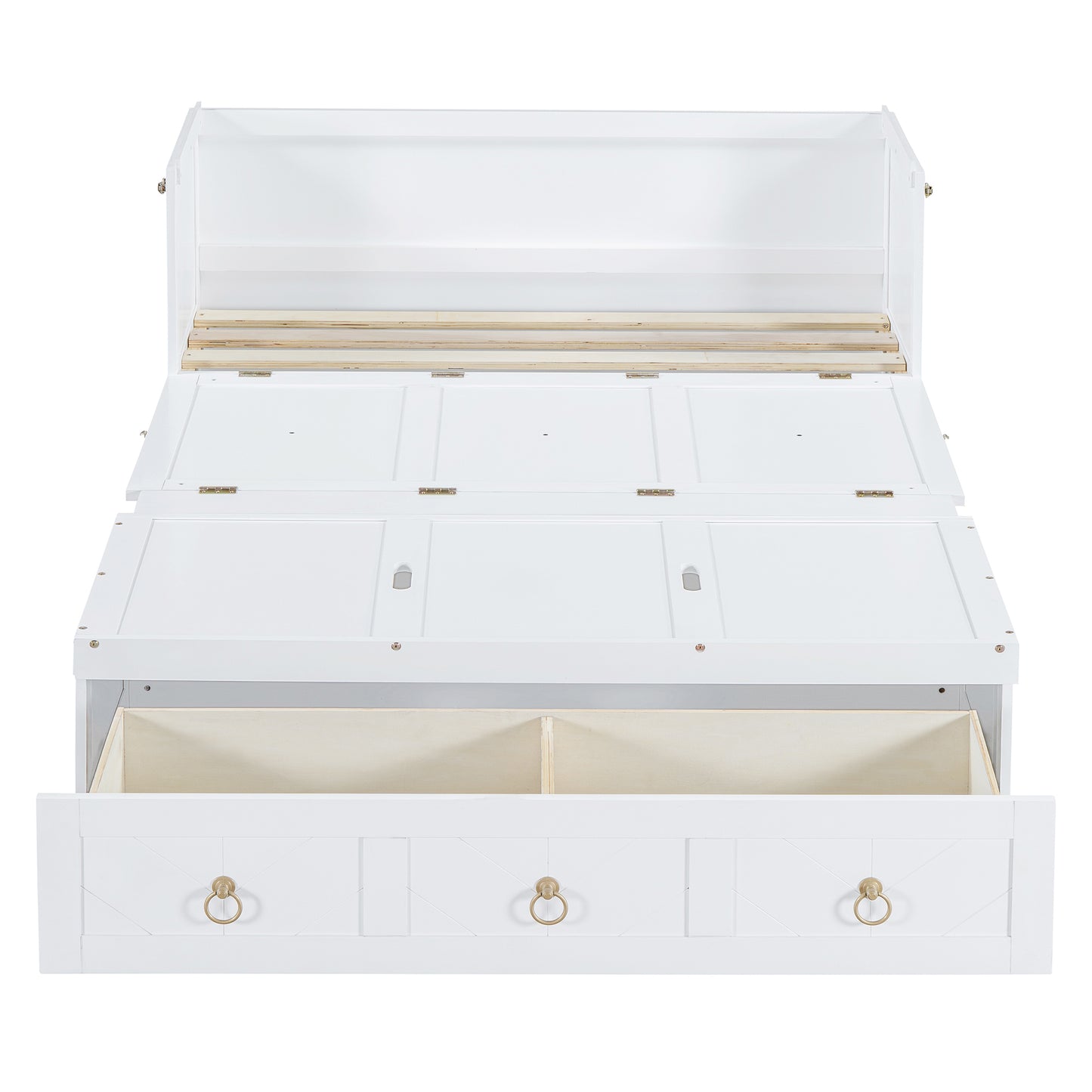 White twin storage bed with liftup storage compartments and three drawers