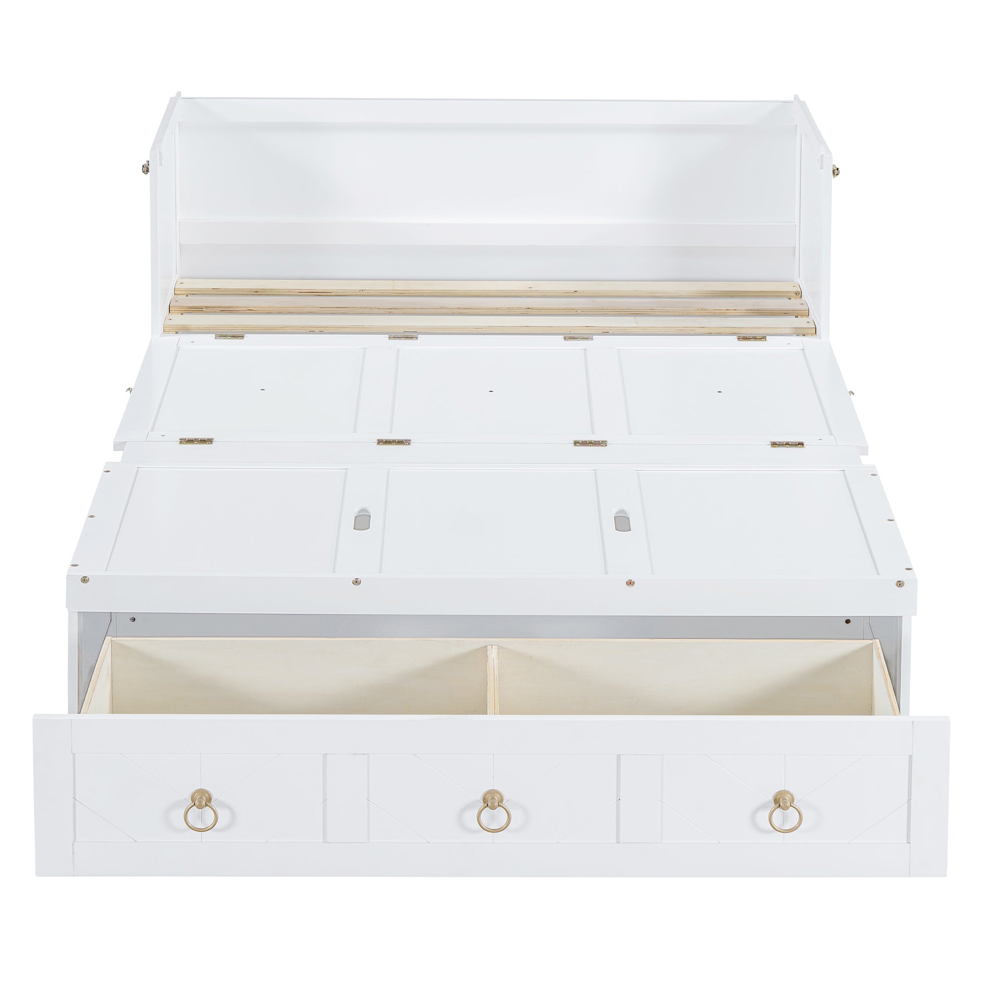 White twin storage bed with liftup storage compartments and three drawers