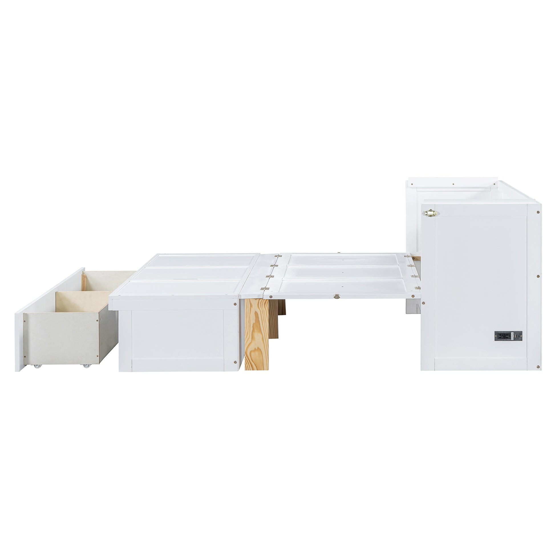 White twin bed frame with extending sections and visible storage drawers