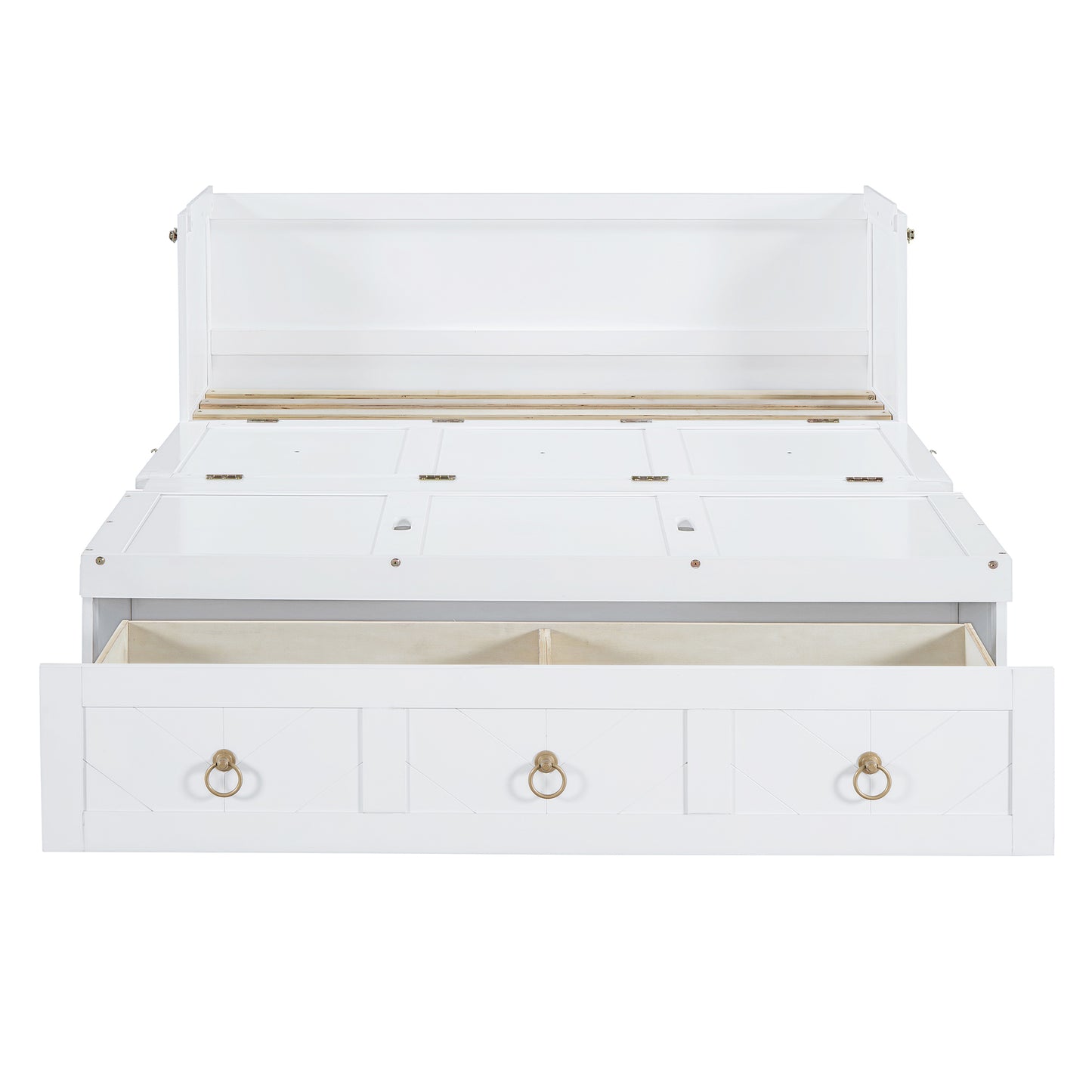 White wooden daybed with three drawers and lifttop storage
