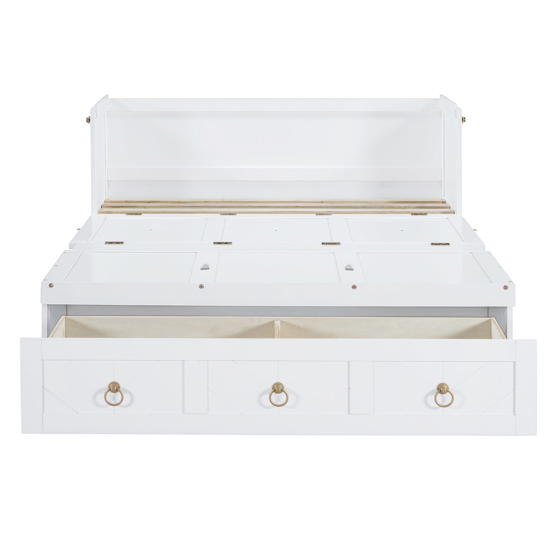 White wooden daybed with three drawers and lifttop storage