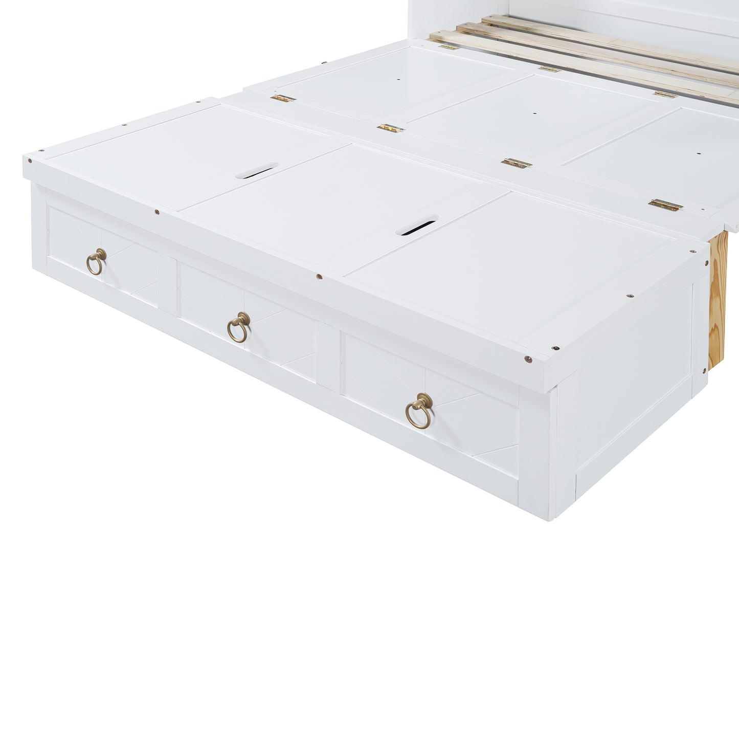 White wooden platform bed frame with storage drawers and liftup top panels