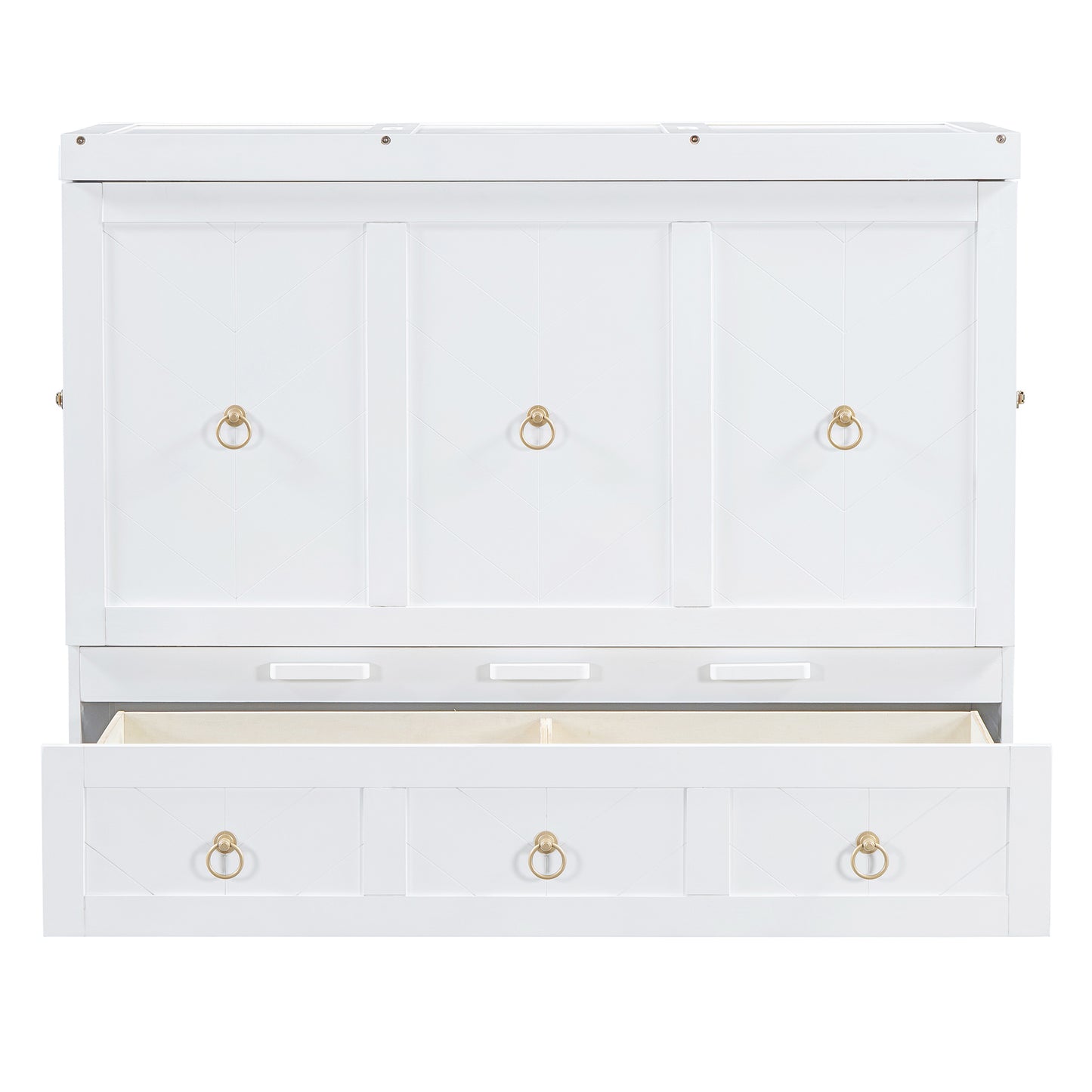 White wooden dresser with three drawers and brass ring pulls
