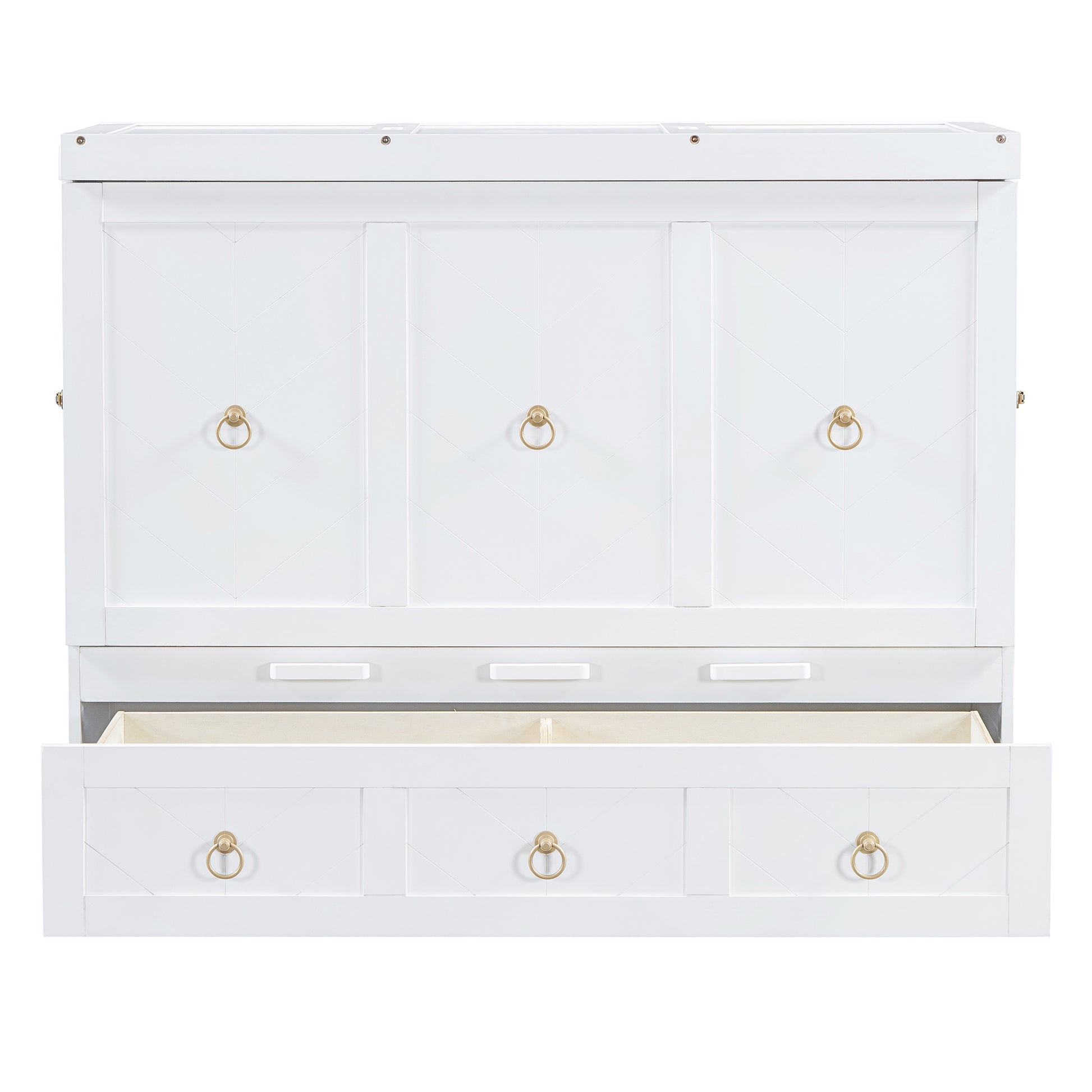 White wooden dresser with three drawers and brass ring pulls