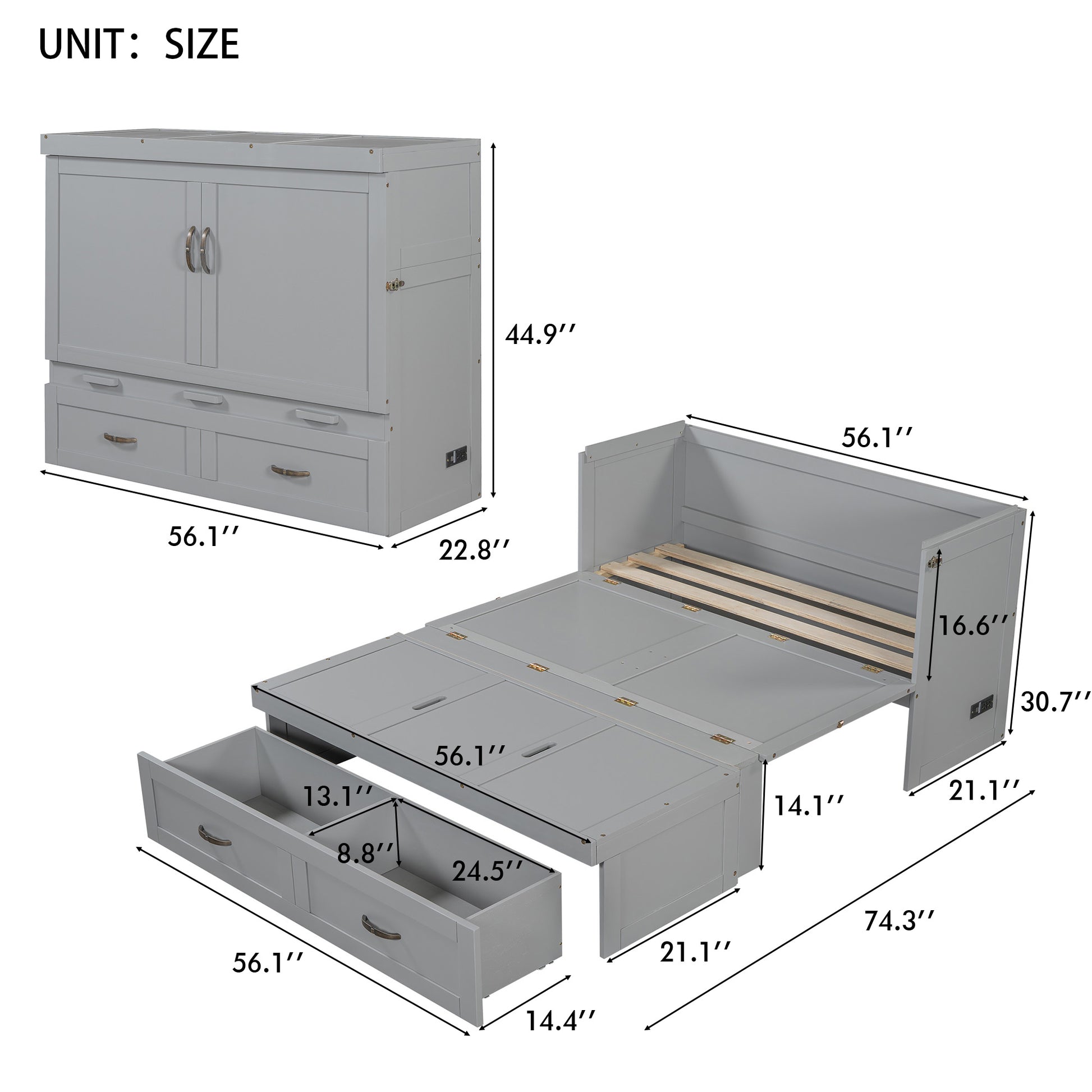 Gray convertible couch bed with storage drawers and dimensions