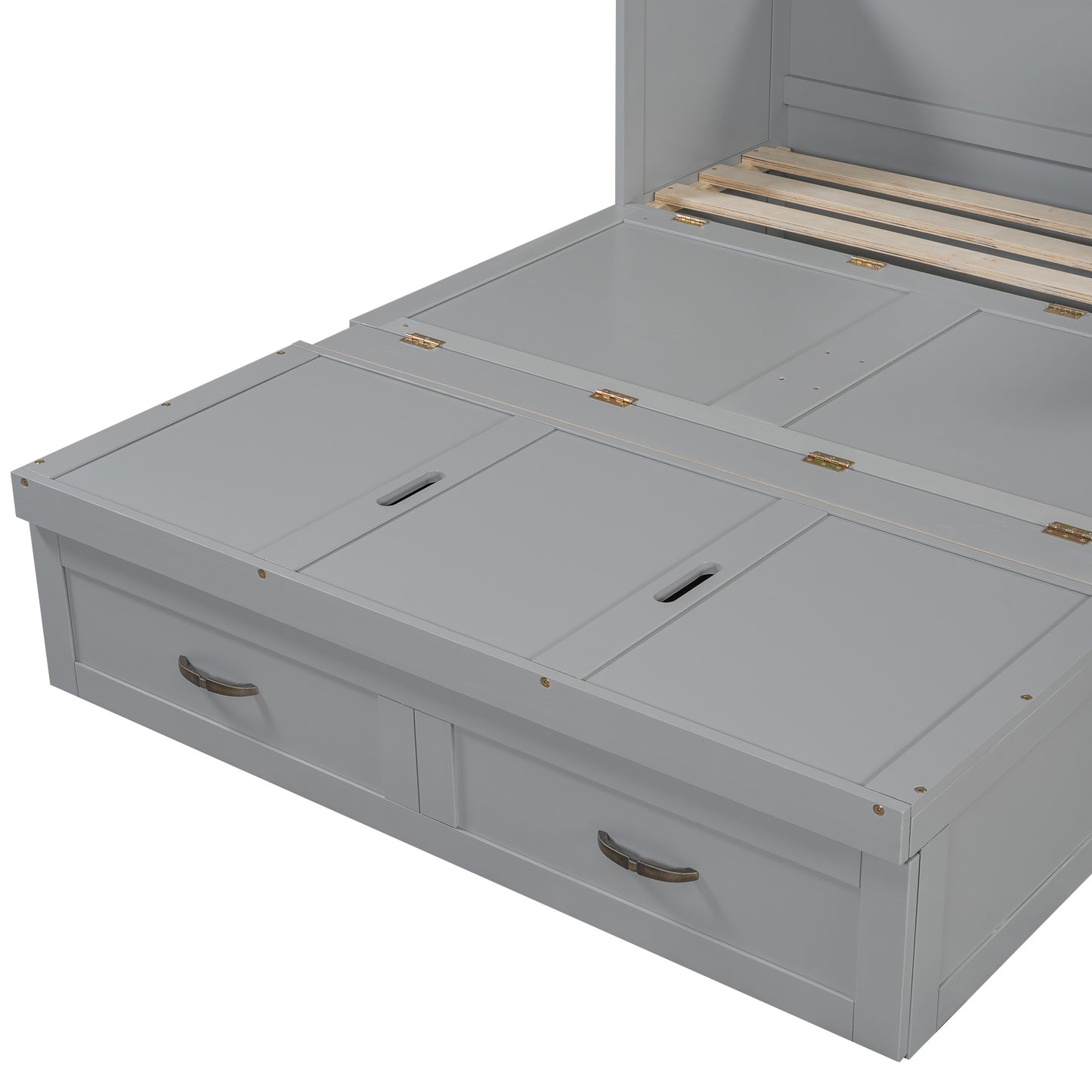 Grey wooden bed frame with storage drawers and lifttop compartments