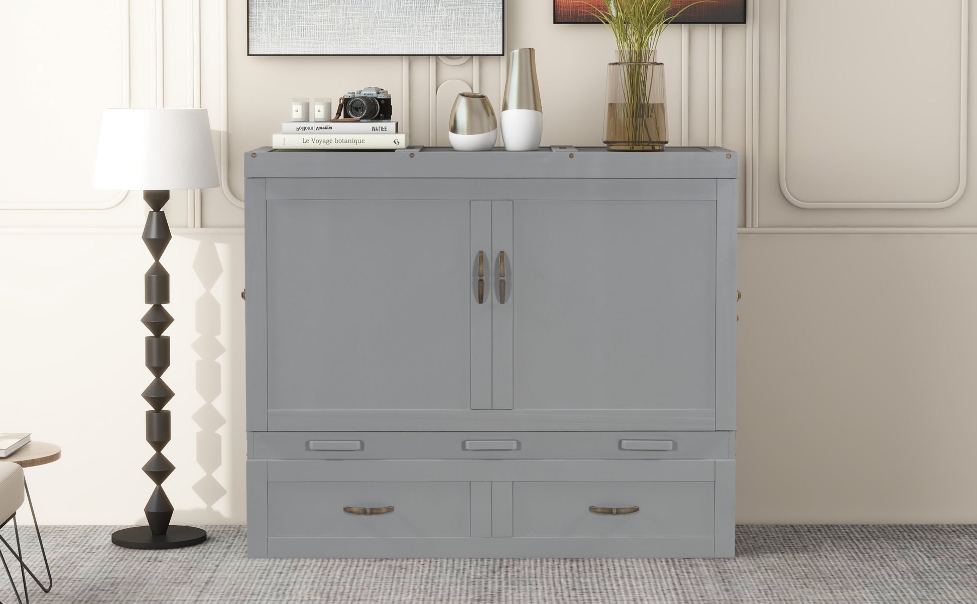 Gray contemporary cabinet with brass hardware and two drawers below