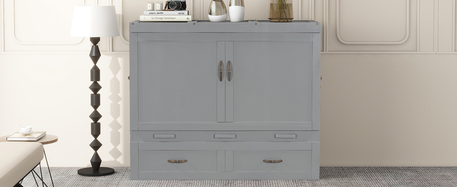Gray cabinet with two doors and three drawers