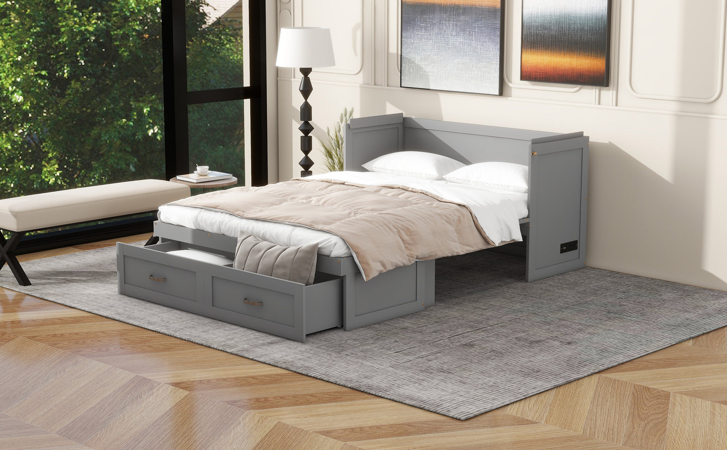 Grey upholstered daybed with two storage drawers