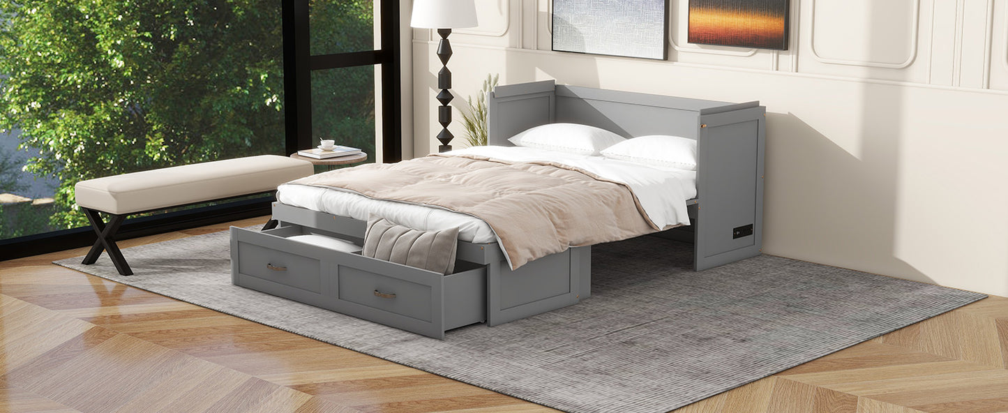 Gray upholstered bed frame with two builtin storage drawers for bedding