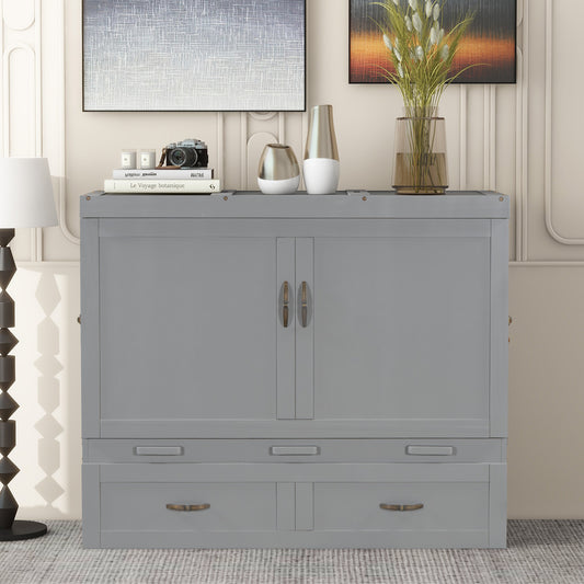 Gray storage cabinet with double doors and two drawers