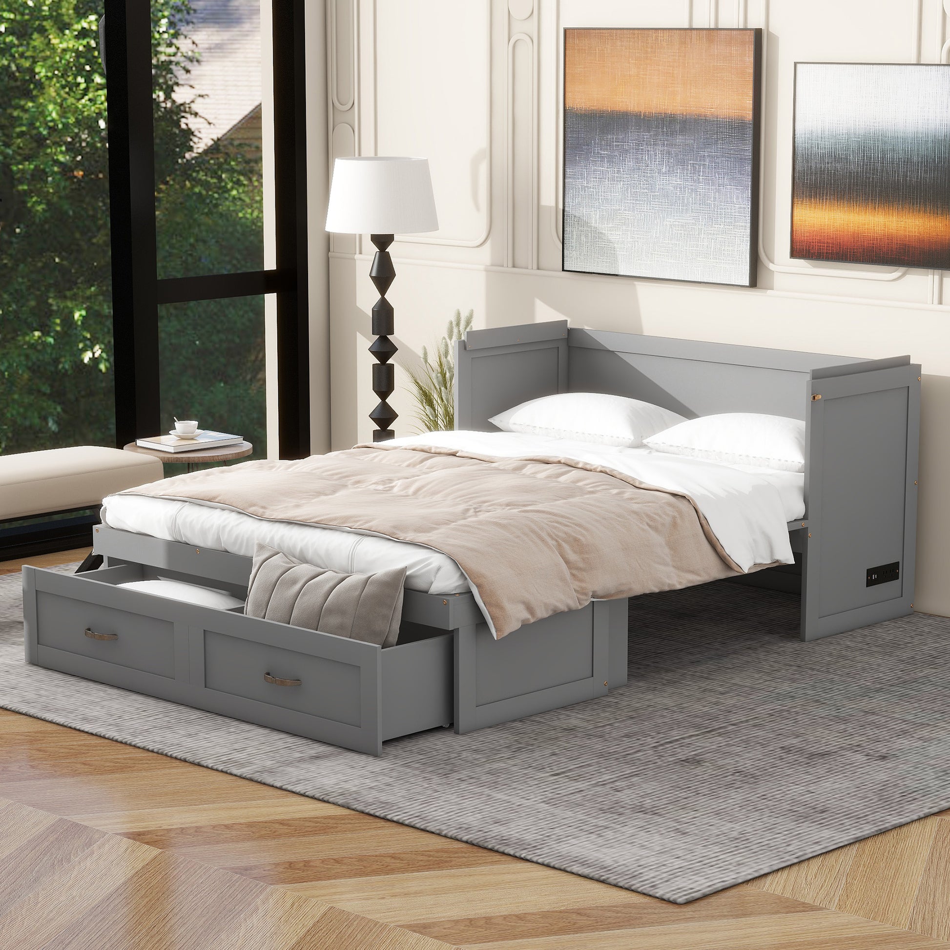 Gray wooden daybed with storage drawers and builtin power outlet