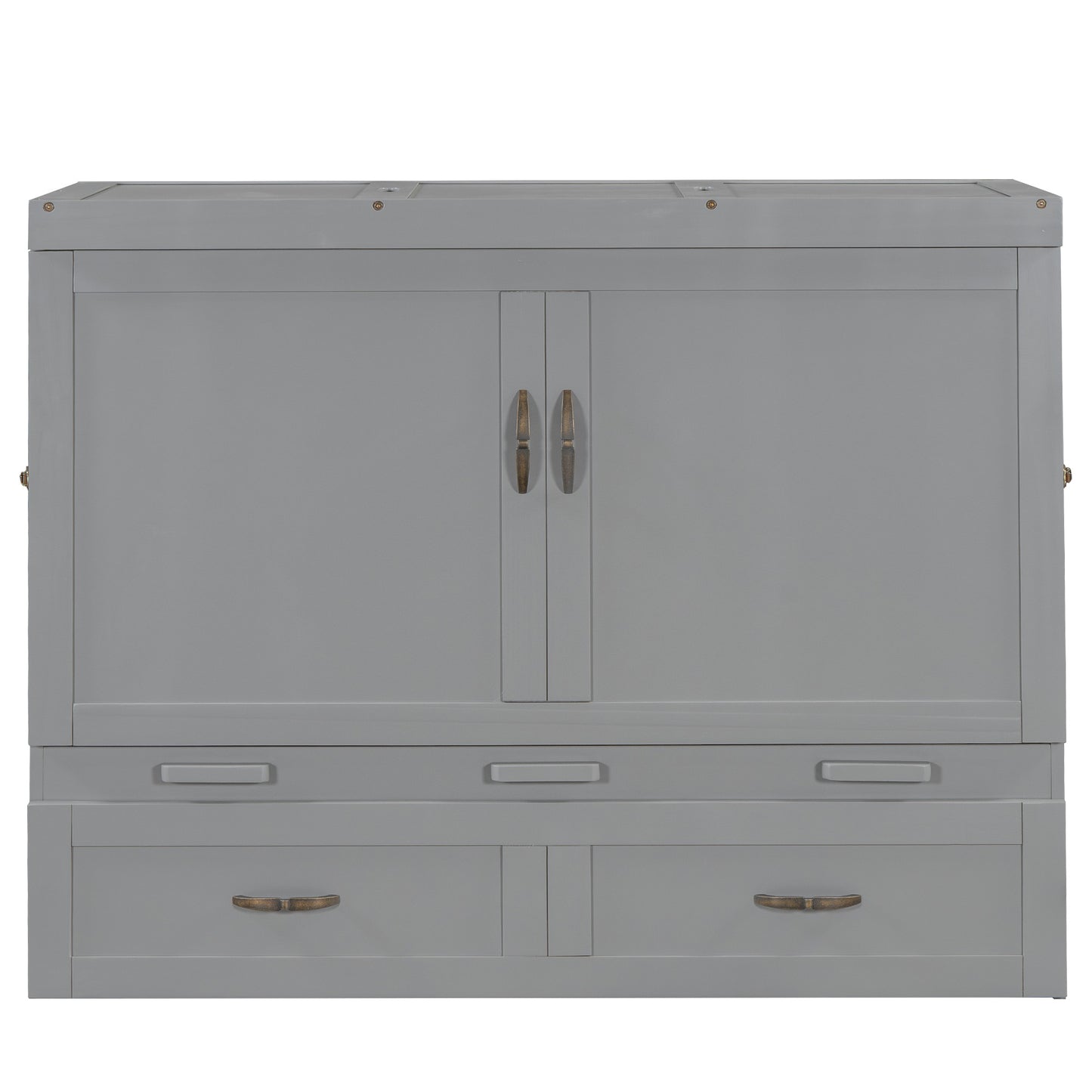 Gray wooden cabinet with double doors and three drawers