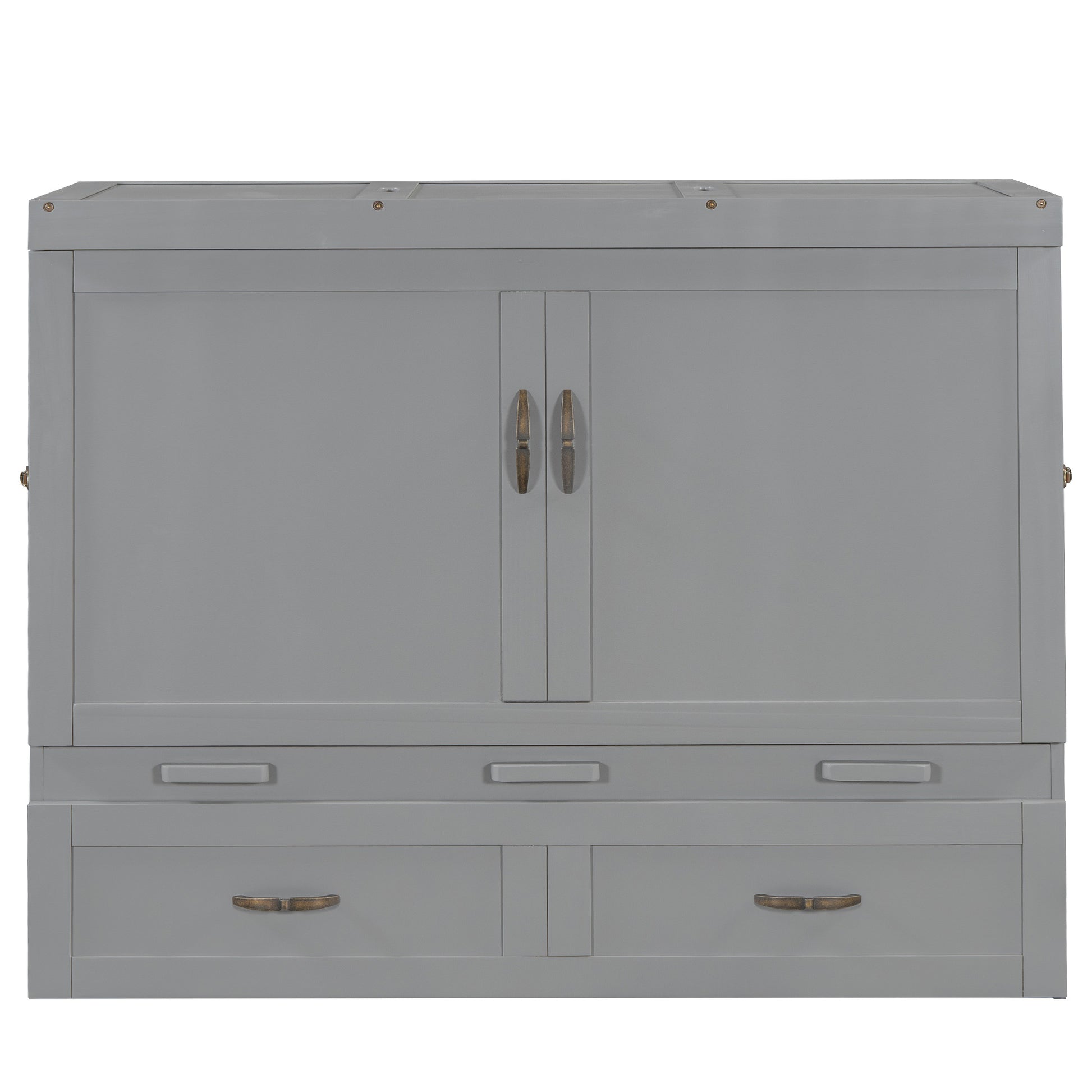 Gray wooden cabinet with double doors and three drawers