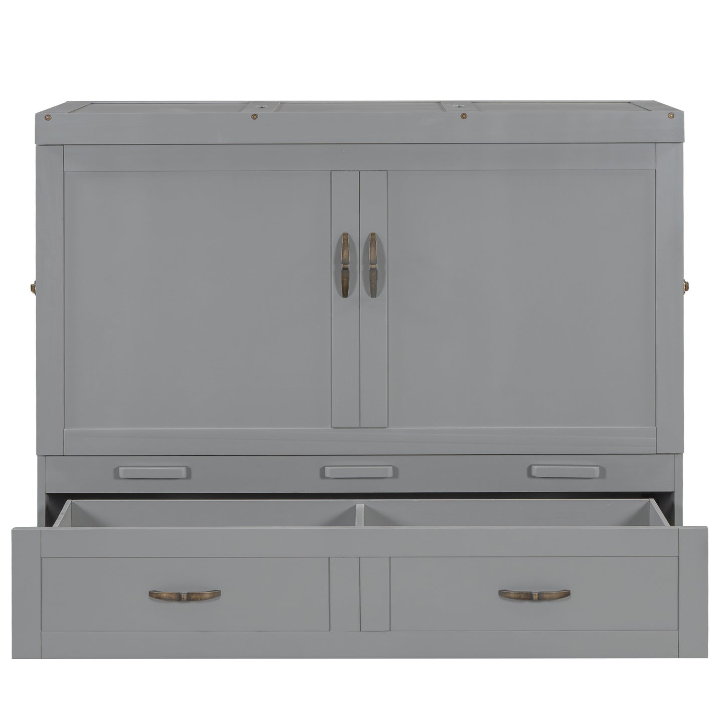 Gray wooden dresser with two cabinet doors and three drawers