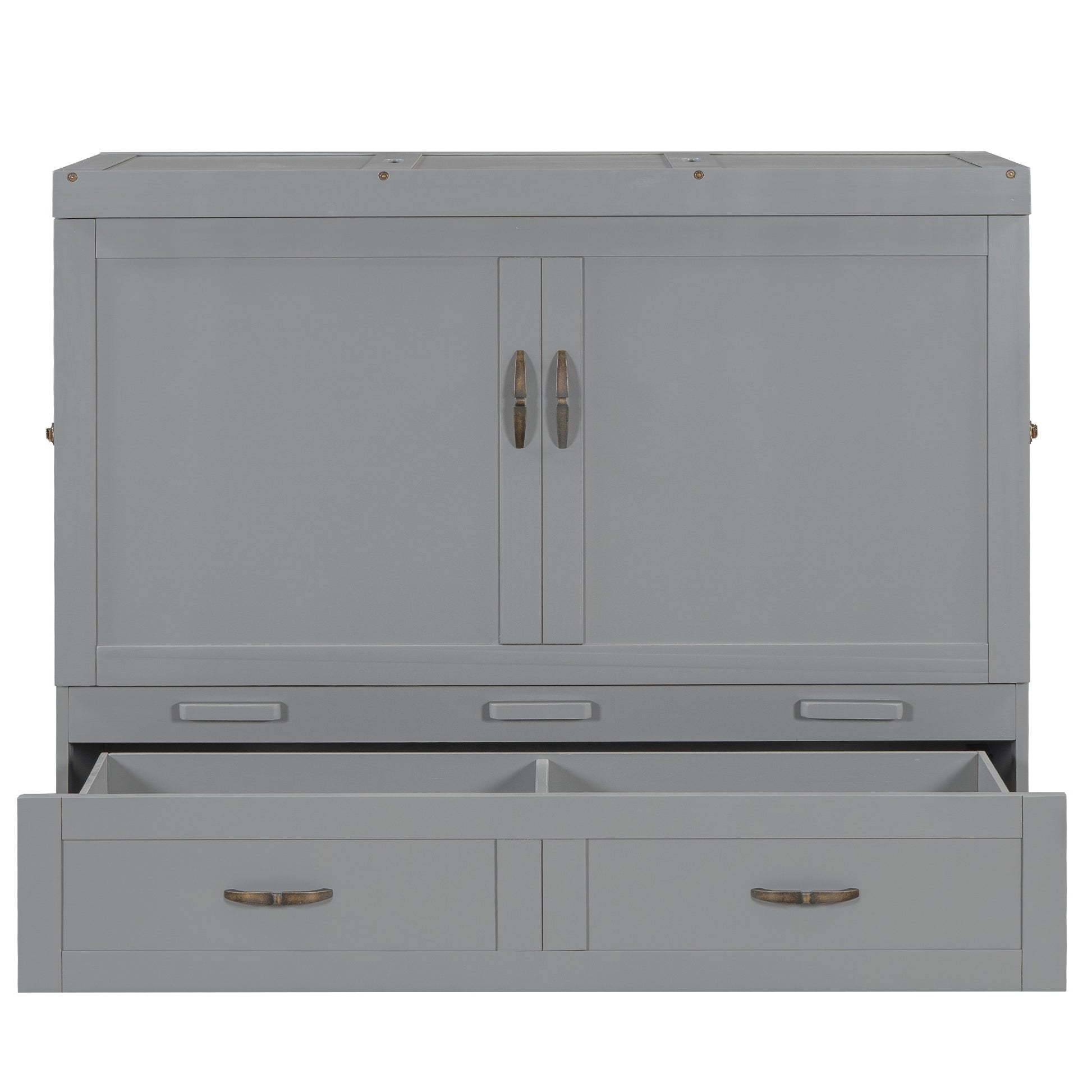 Gray wooden dresser with two cabinet doors and three drawers