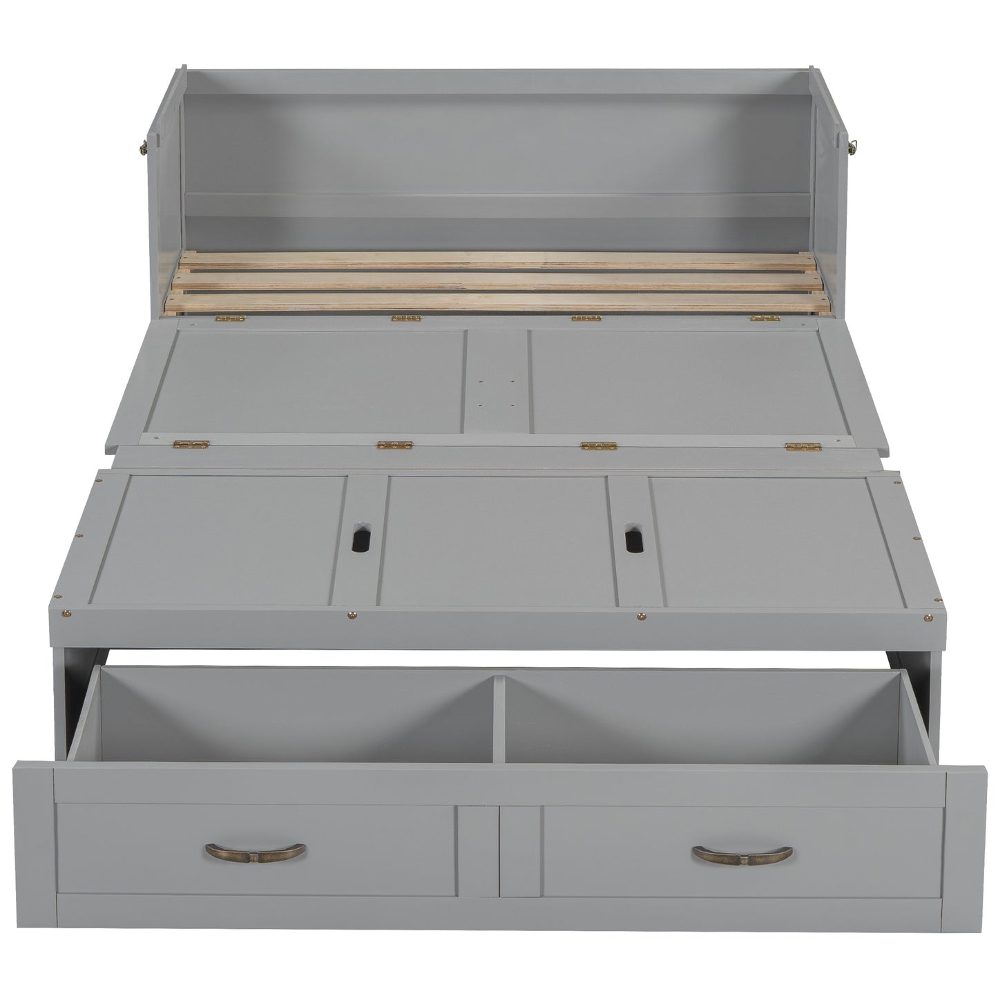 Gray wooden daybed with open drawers and slatted mattress base