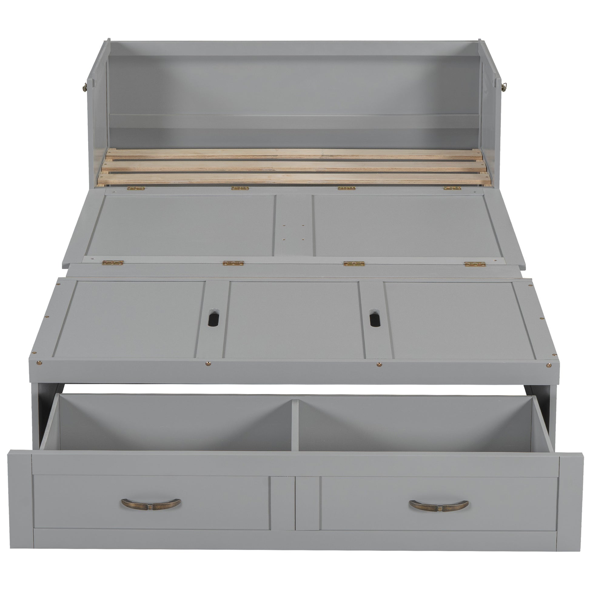 Gray wooden daybed with open drawers and slatted mattress base