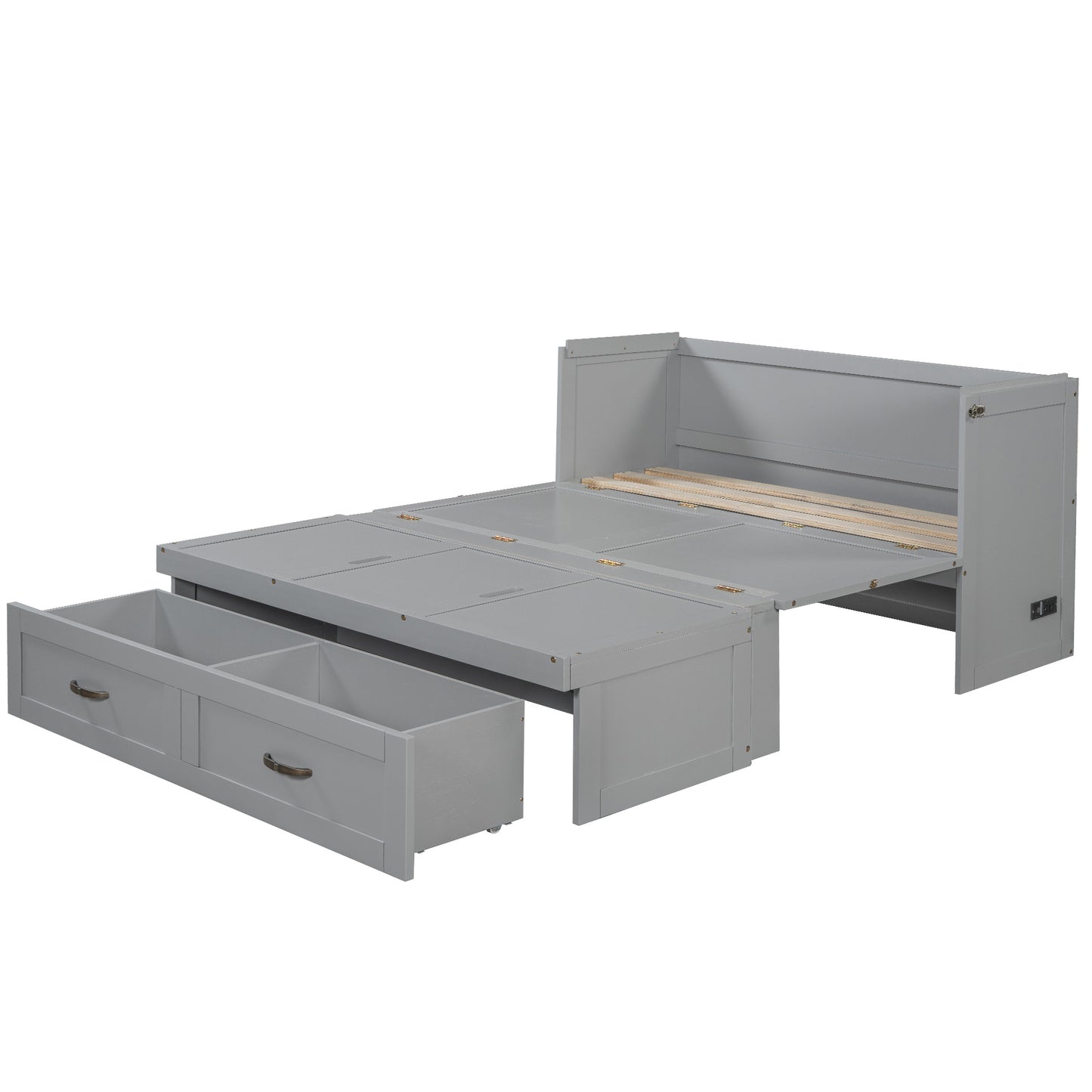 Gray wooden daybed with two drawers pulled out
