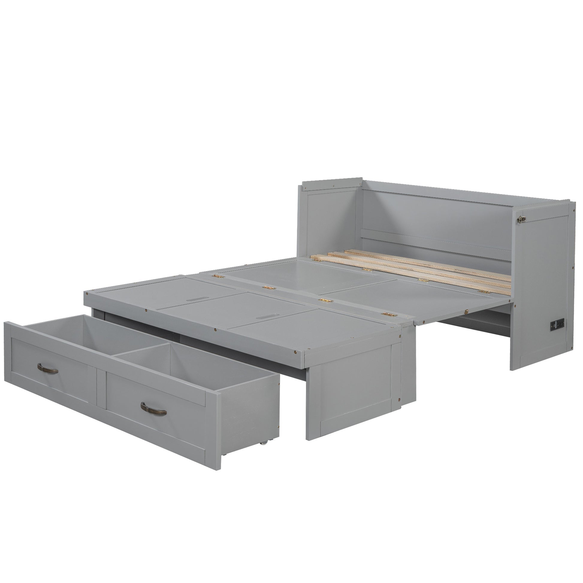 Gray wooden daybed with two drawers pulled out