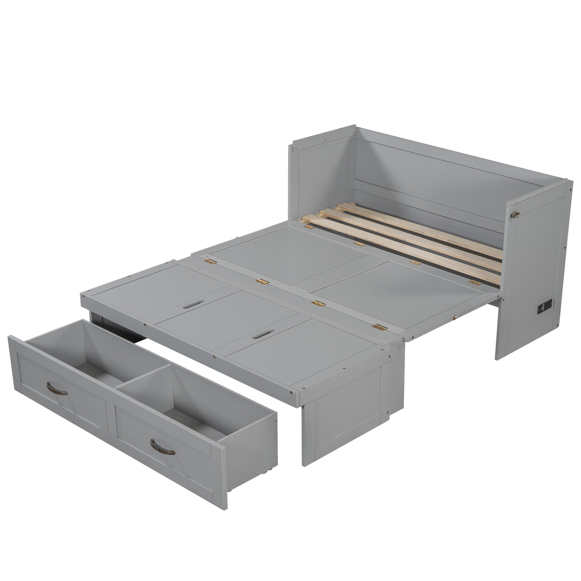 Grey wooden daybed with pullout storage drawers