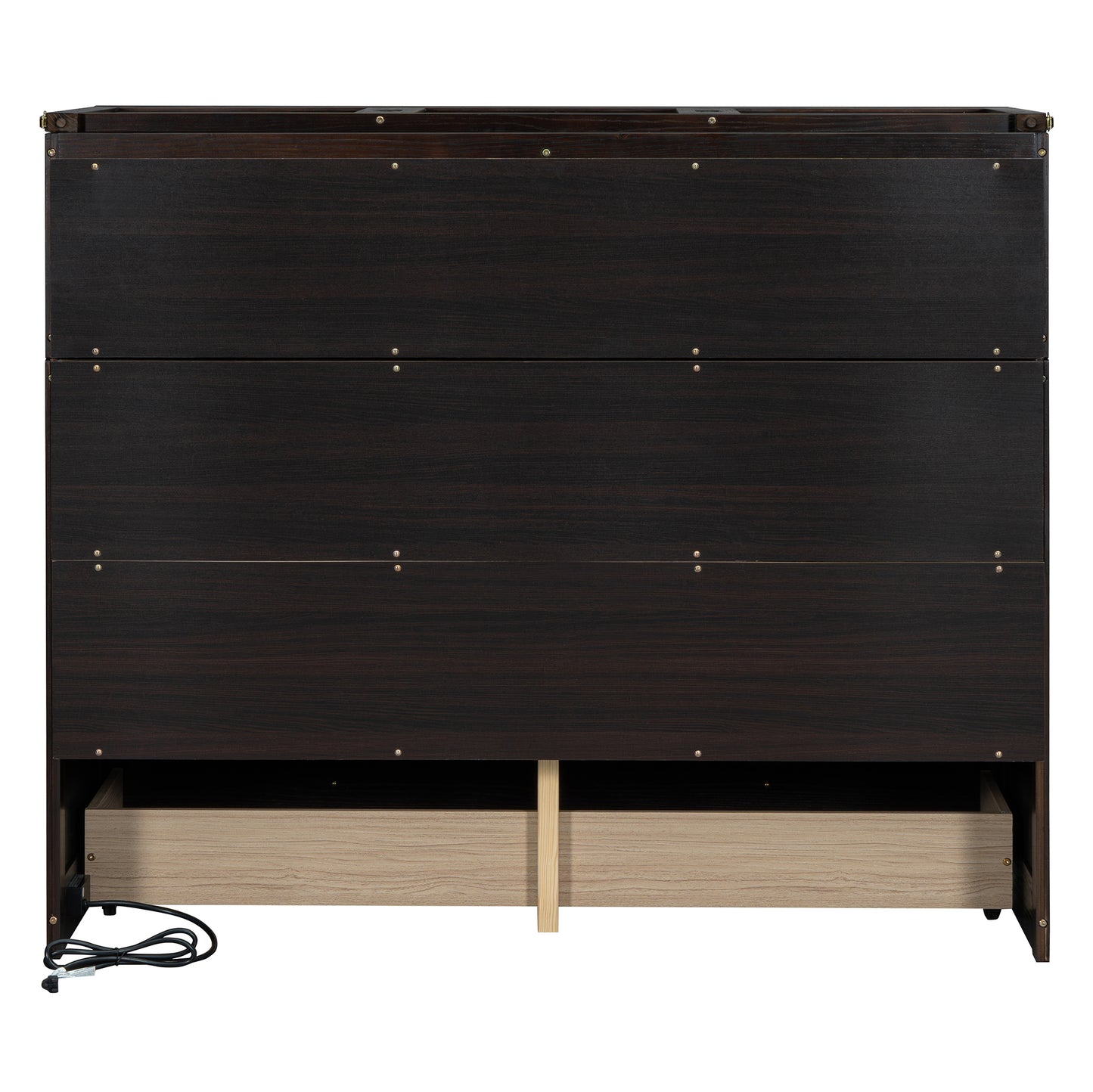 Dark wood dresser with two exposed light wood drawers and power cord