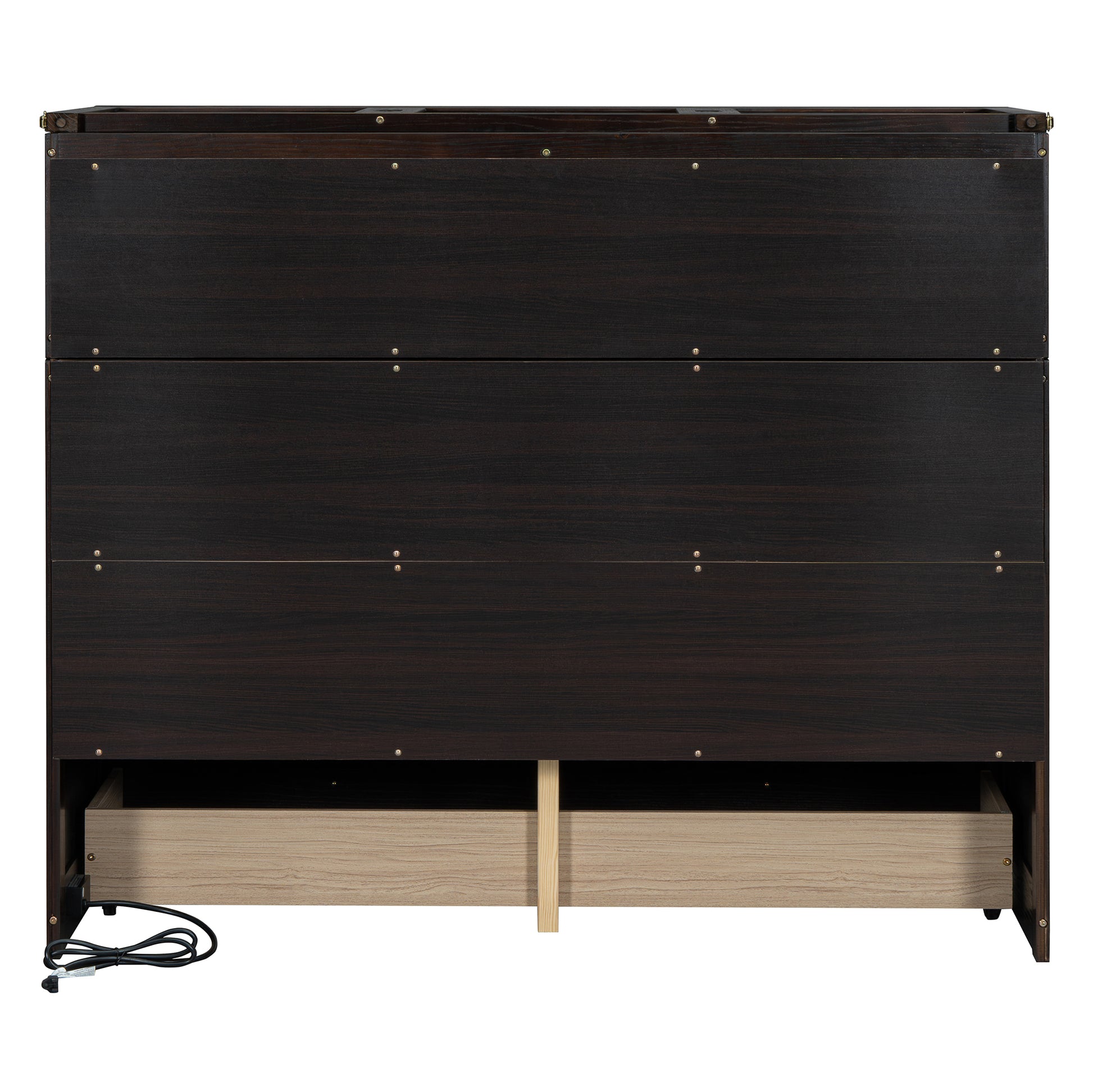 Dark wood dresser with two exposed light wood drawers and power cord